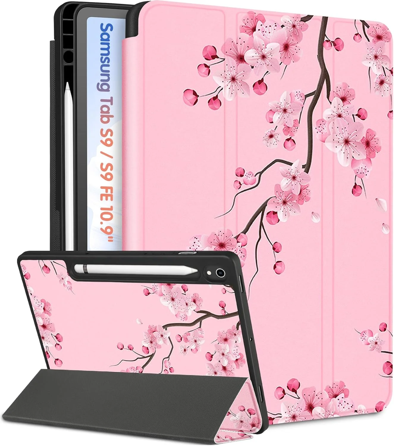 کاور Wazzasoft برای تبلت سامسونگ گلکسی تب S9 FE 5G، کاور گلکسی تب S9، طراحی زیبا و دخترانه با طرح گل، جلد تاشو با جای مداد، طرح گلدار برای کاور تبلت گلکسی S9/ S9 FE