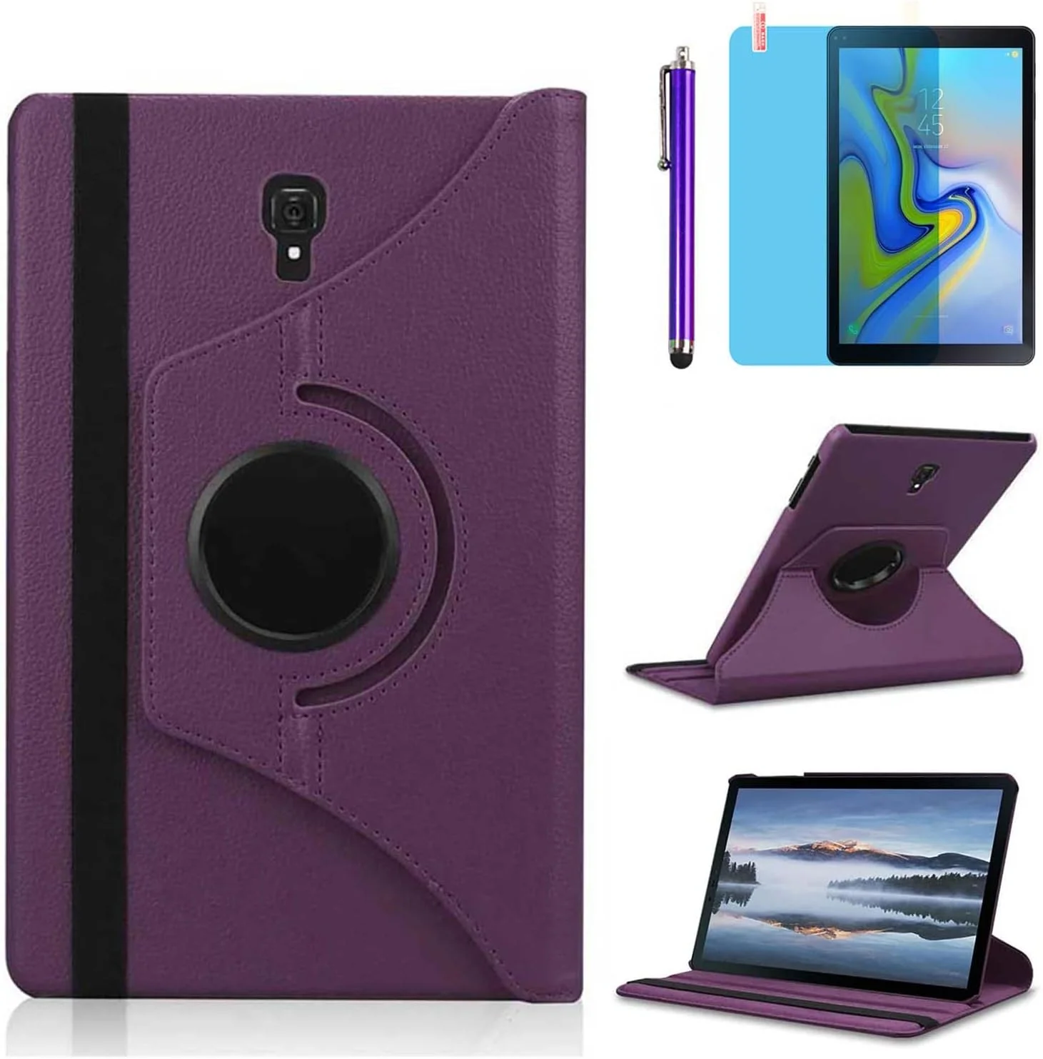 کیف محافظ تبلت سامسونگ گلکسی تب A 10.5 اینچ 2018 (مدل SM-T590 T595 T597)، کاور محافظ هوشمند با قابلیت چرخش 360 درجه همراه با قلم استایلوس و محافظ صفحه نمایش (بنفش)