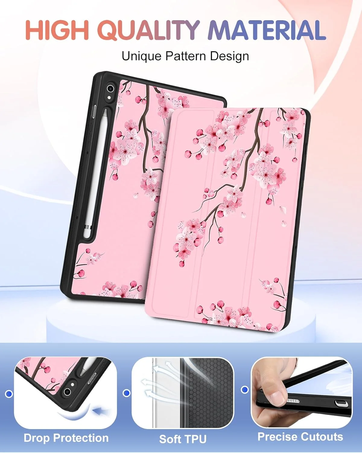 کاور Wazzasoft برای تبلت سامسونگ گلکسی تب S9 FE 5G، کاور گلکسی تب S9، طراحی زیبا و دخترانه با طرح گل، جلد تاشو با جای مداد، طرح گلدار برای کاور تبلت گلکسی S9/ S9 FE