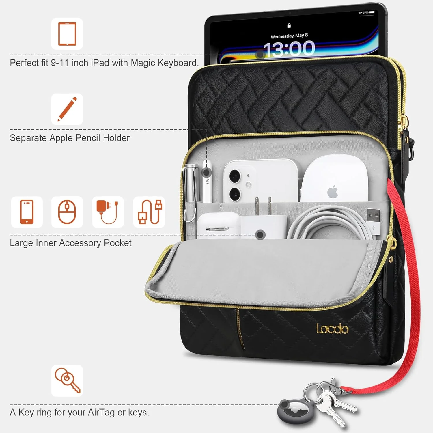 کیف آستین تبلت Lacdo برای آیپد 11 اینچی A16 / آیپد ایر 11 اینچی M3 M2 / آیپد پرو 11 اینچی M4 / آیپد 10.9 اینچی / آیپد 10.2 اینچی / آیپد ایر 5 4، کیف شانه ای تبلت سامسونگ گلکسی تب A9+، مشکی