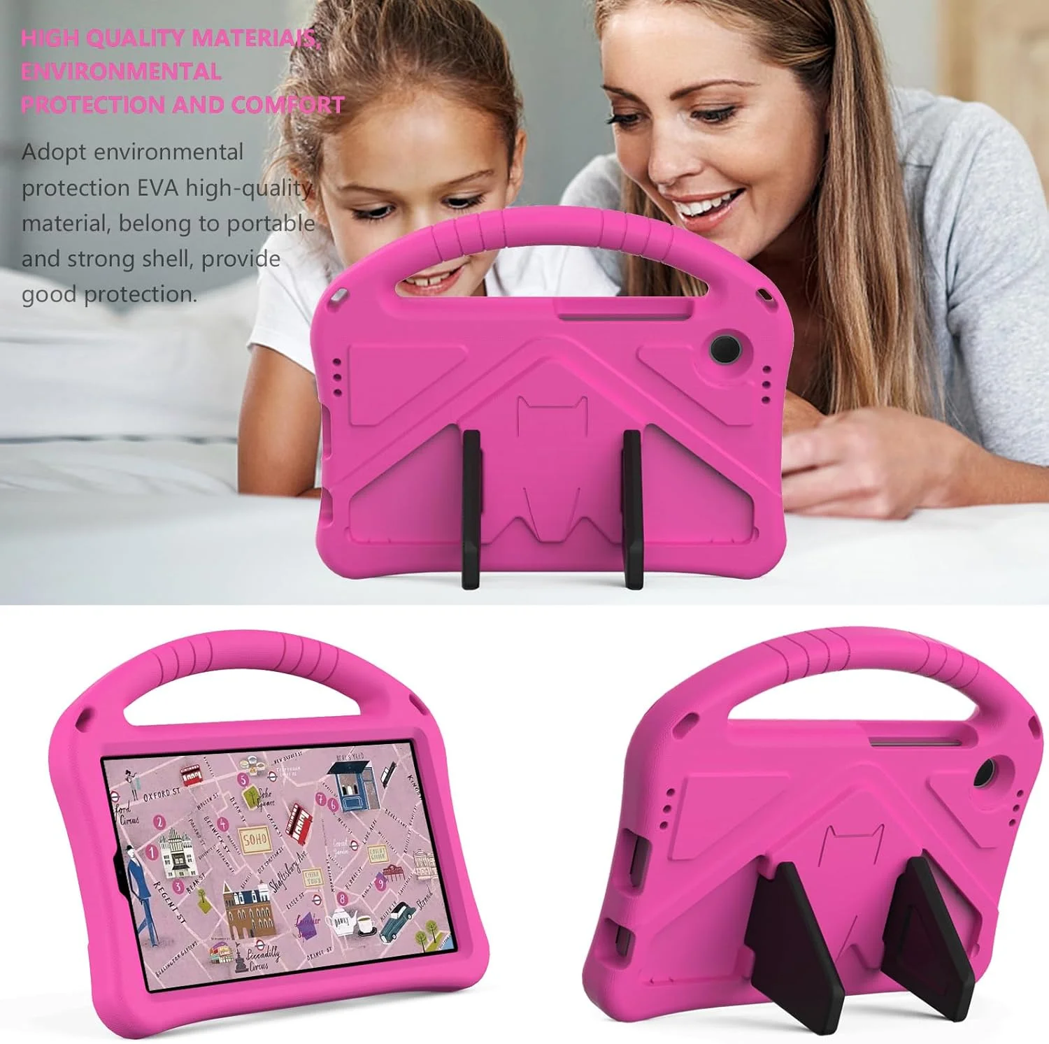 قاب تبلت EabHulie مناسب برای تبلت سامسونگ گلکسی تب A9 سایز 8.7 اینچ 2023، با طراحی کودکانه، مقاوم، سبک وزن، دارای دستگیره و پایه، ضد ضربه، پوشش محافظ - صورتی جیغ