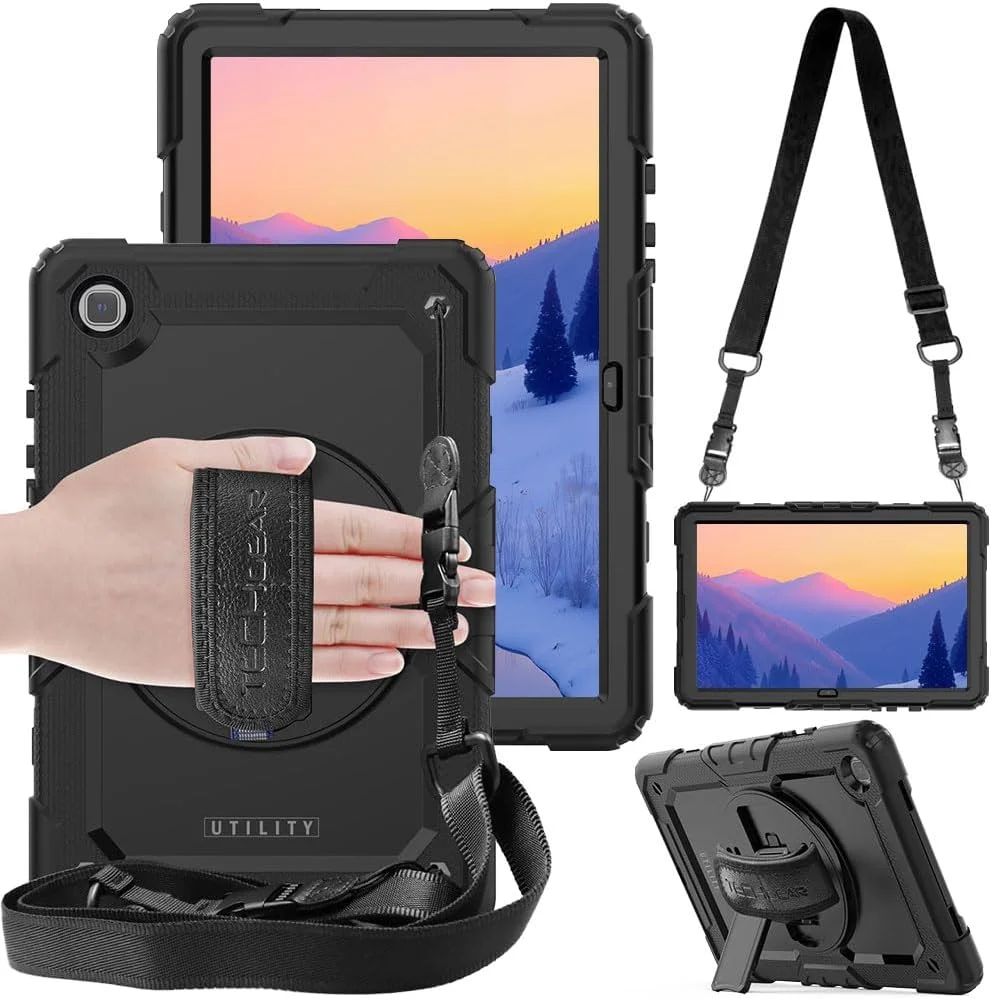 کیف محافظتی مقاوم TECHGEAR سازگار با تبلت سامسونگ گلکسی تب A7 10.4 (SM-T500/SM-T505)، ضد ضربه، مناسب فضای باز با پایه چرخان 360 درجه، بند دستی و شانه، دارای محافظ صفحه نمایش داخلی