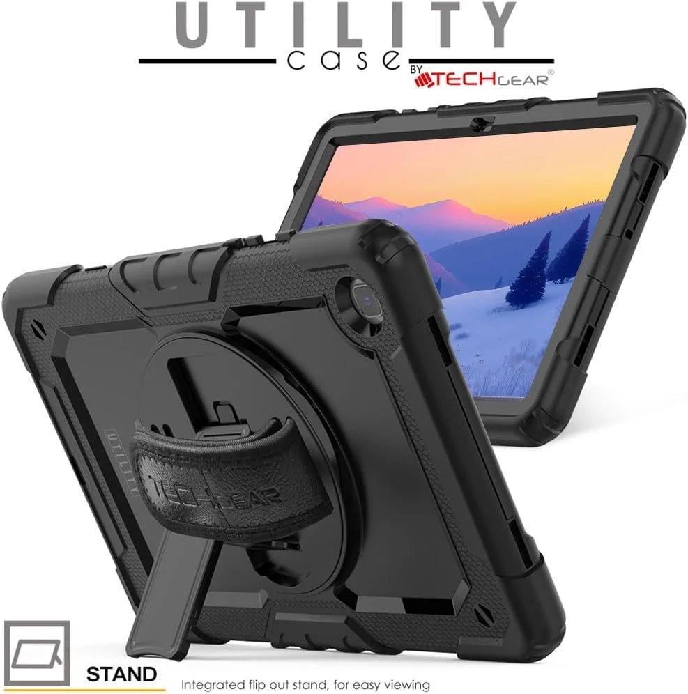 کیف محافظتی مقاوم TECHGEAR سازگار با تبلت سامسونگ گلکسی تب A7 10.4 (SM-T500/SM-T505)، ضد ضربه، مناسب فضای باز با پایه چرخان 360 درجه، بند دستی و شانه، دارای محافظ صفحه نمایش داخلی