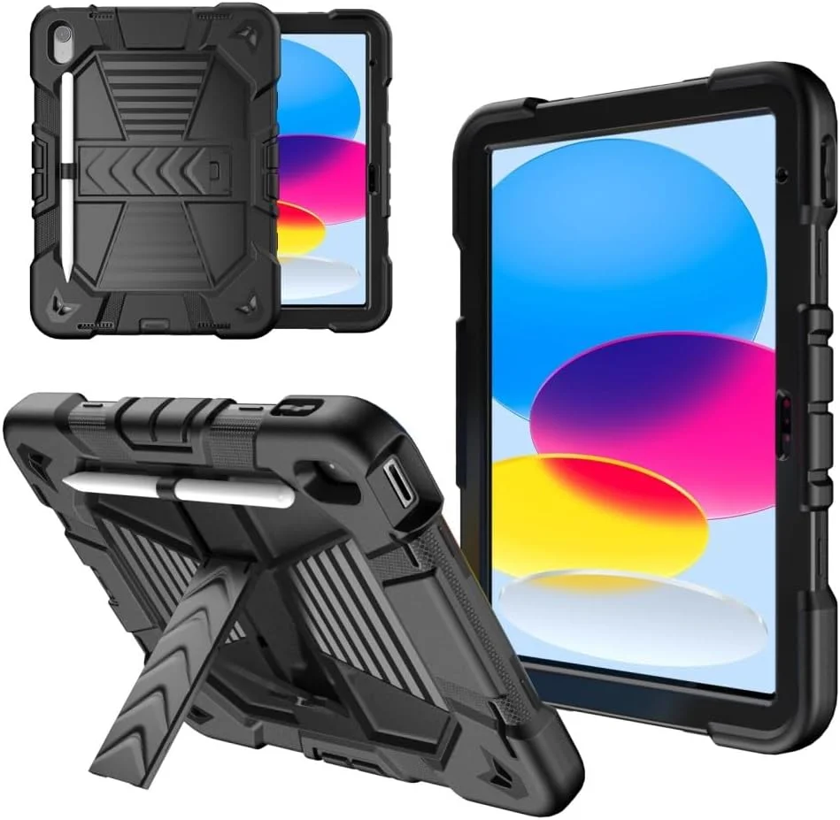 کاور محافظ تبلت آیپد 10.9 (2022) یونیک‌کیس با پایه استند، ساخته شده از PC + سیلیکون ضد ضربه به همراه جای قلم استایلوس - مشکی