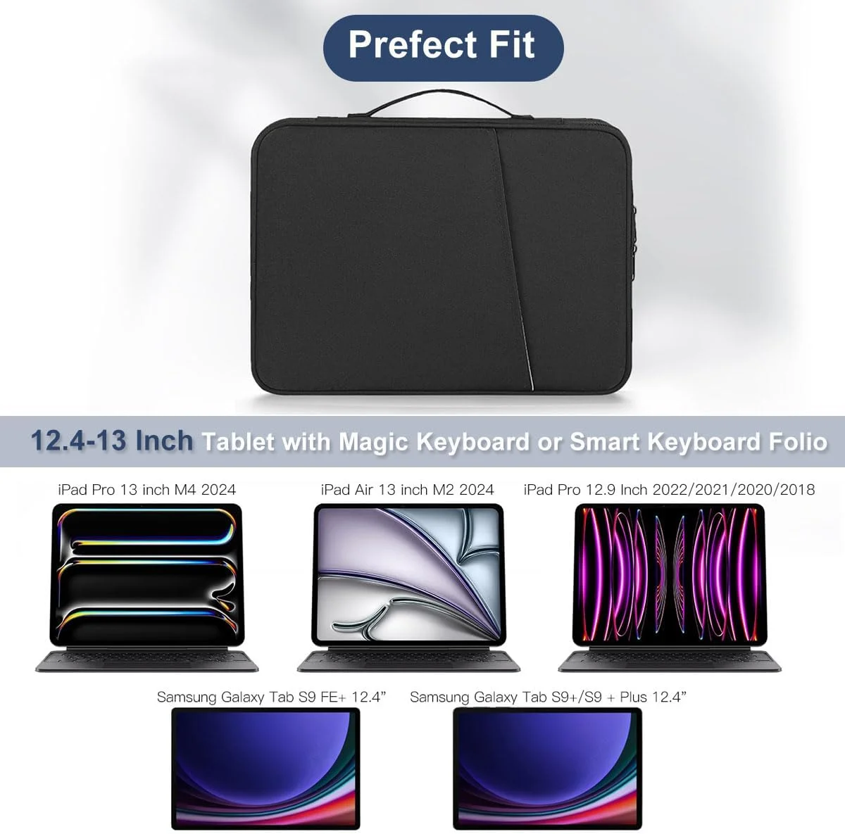 کیف آستین تبلت 12-12.9 اینچی مناسب برای 12.4 اینچ Samsung Galaxy Tab S10+ S9+ Plus/S8+/S7+ Plus/S7 FE، 2025 13 اینچ iPad Air M3 M2/iPad Pro M4/Pro 12.9 اینچ/Microsoft Surface Go 2 12.4 اینچ/Pro 11 10 کیف حمل - مشکی