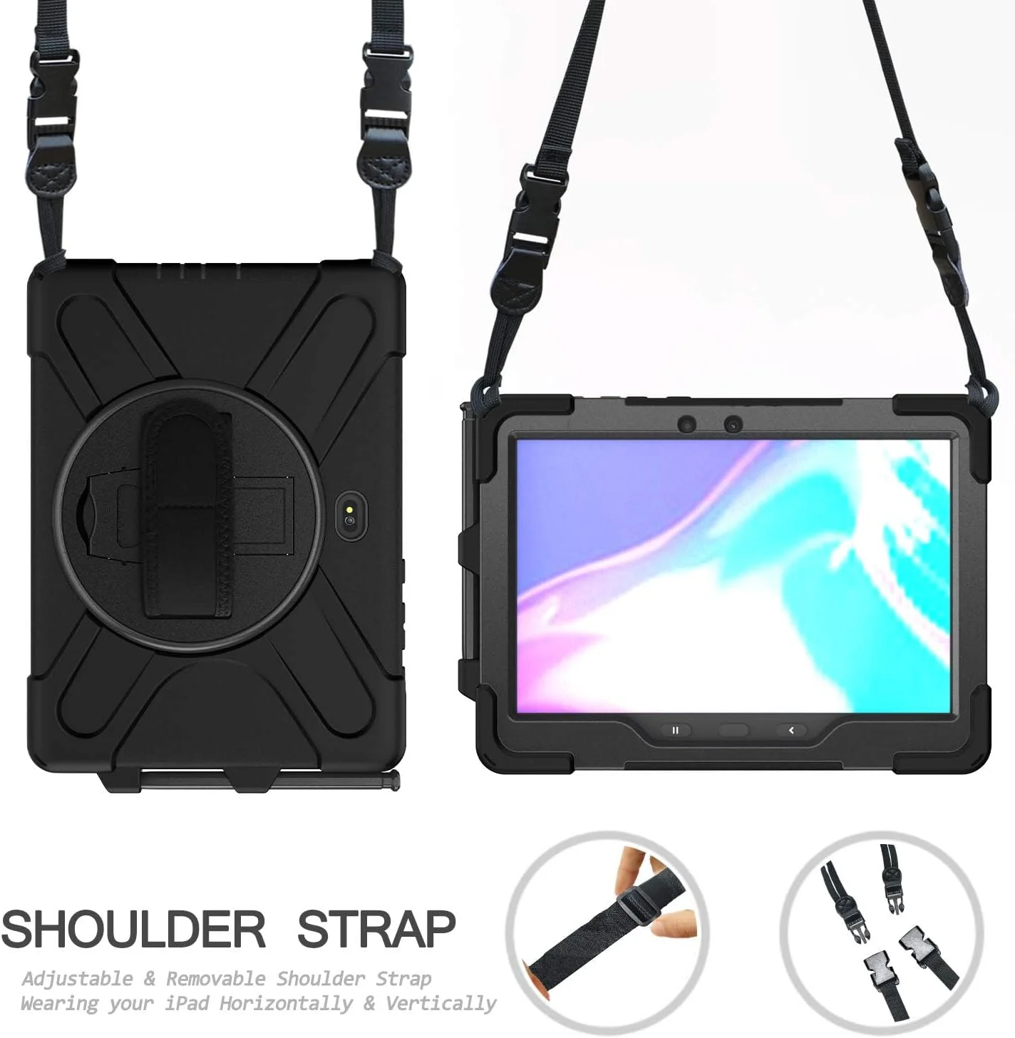 کاور تبلت سامسونگ گلکسی تب اکتیو پرو 10.1، کاور گلکسی تب اکتیو 4 پرو، کاور محافظتی مقاوم در برابر ضربه و افتادن با پایه 360 درجه، بند دستی و بند شانه ای برای SM-T540/T547/T630/T638، مشکی