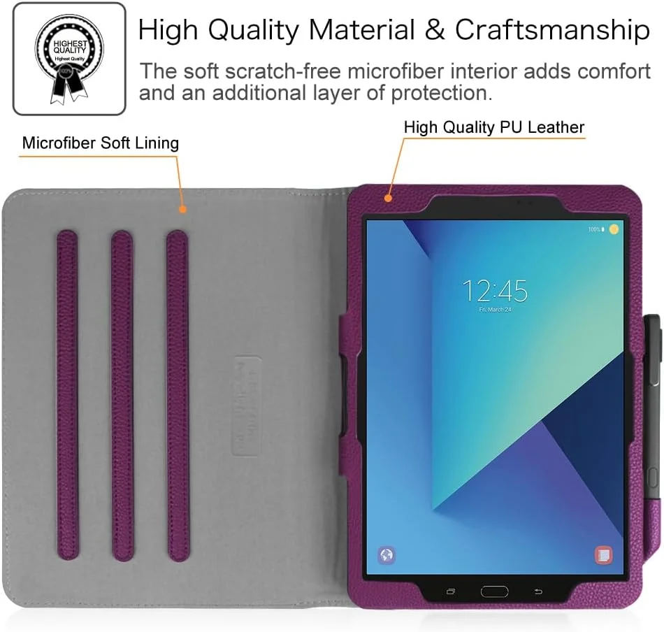 کیف محافظ Fintie برای تبلت سامسونگ گلکسی تب S3 9.7، [محافظت از گوشه‌ها] کاور استند چند زاویه‌ای با جیب و نگهدارنده محافظ قلم S Pen، حالت خواب/بیدار خودکار برای تب S3 9.7 (SM-T820/T825/T827)، بنفش