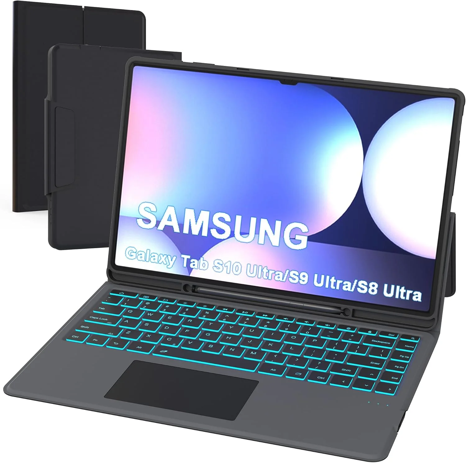 کیف تبلت به همراه کیبورد برای تبلت 14.6 اینچی سامسونگ گلکسی تب S9 Ultra / S8 Ultra - کاور کتابی تبلت با تاچ پد - کیف کیبورد با نور پس زمینه 7 رنگ و جای قلم S برای تب S8 Ultra/S9 Ultra 14.6 اینچ - مشکی
