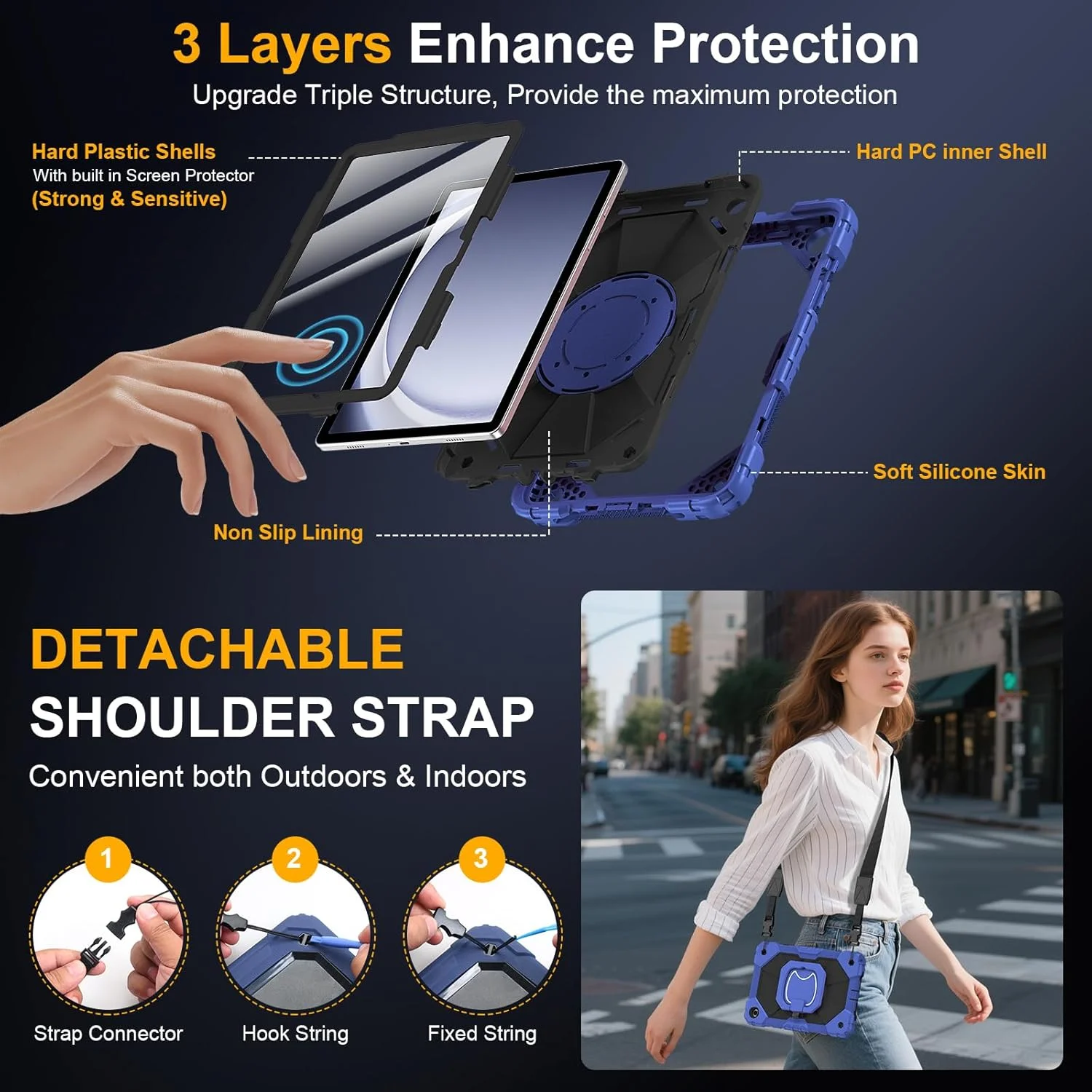 کیف محافظ تبلت سامسونگ گلکسی تب A9 پلاس 11 اینچ 2023 (SM-X210/X216/X218)، کیف مقاوم Auorld برای تبلت سامسونگ گلکسی A9+ به همراه محافظ صفحه نمایش، استند چرخان 360 درجه، بند شانه و جای قلم، سرمه ای مشکی