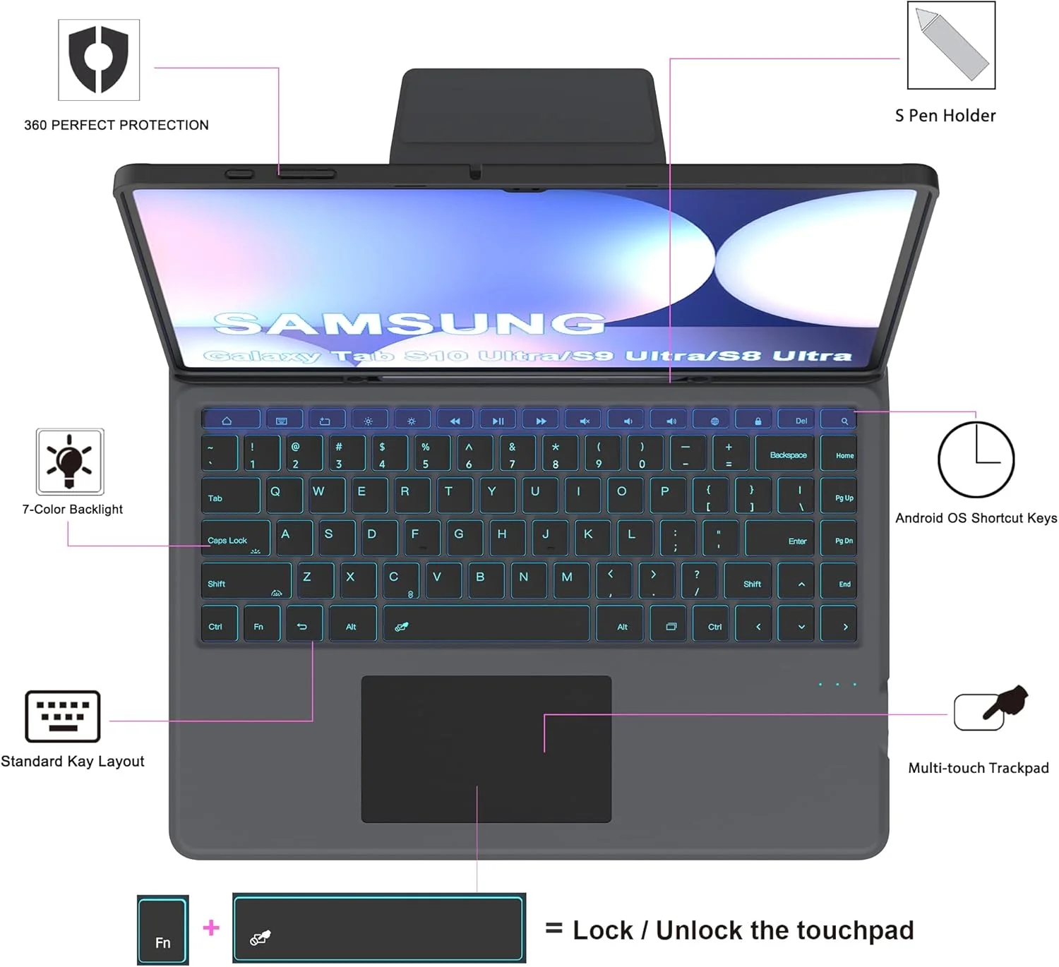 کیف تبلت به همراه کیبورد برای تبلت 14.6 اینچی سامسونگ گلکسی تب S9 Ultra / S8 Ultra - کاور کتابی تبلت با تاچ پد - کیف کیبورد با نور پس زمینه 7 رنگ و جای قلم S برای تب S8 Ultra/S9 Ultra 14.6 اینچ - مشکی