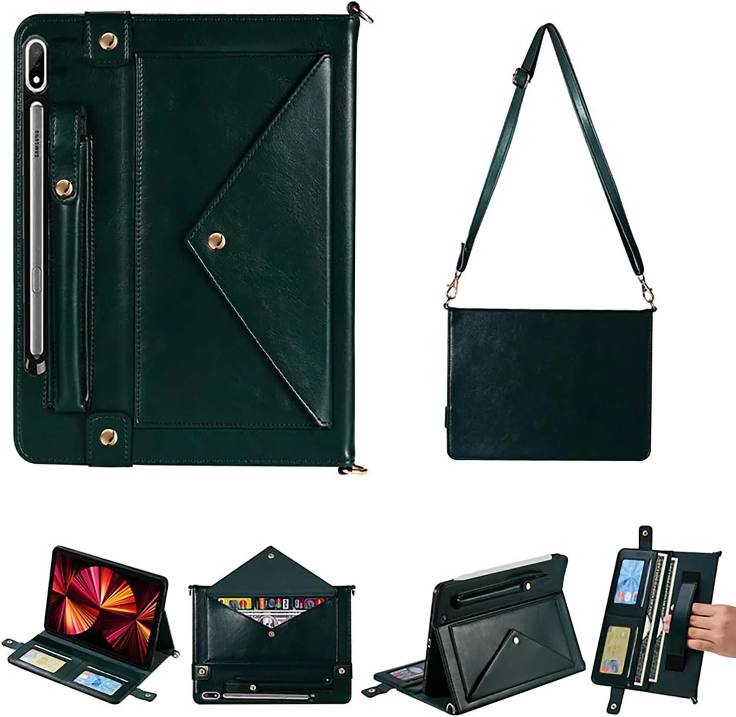 کیف حمل تبلت مناسب برای سامسونگ گلکسی تب S10 Ultra/S9 Ultra/ S8 Ultra 14.6 اینچ، چرم مصنوعی PU طرح قدیمی، دارای بند دستی، بند دوشی، جای کارت، جای قلم S Pen و قابلیت استند، سبز تیره