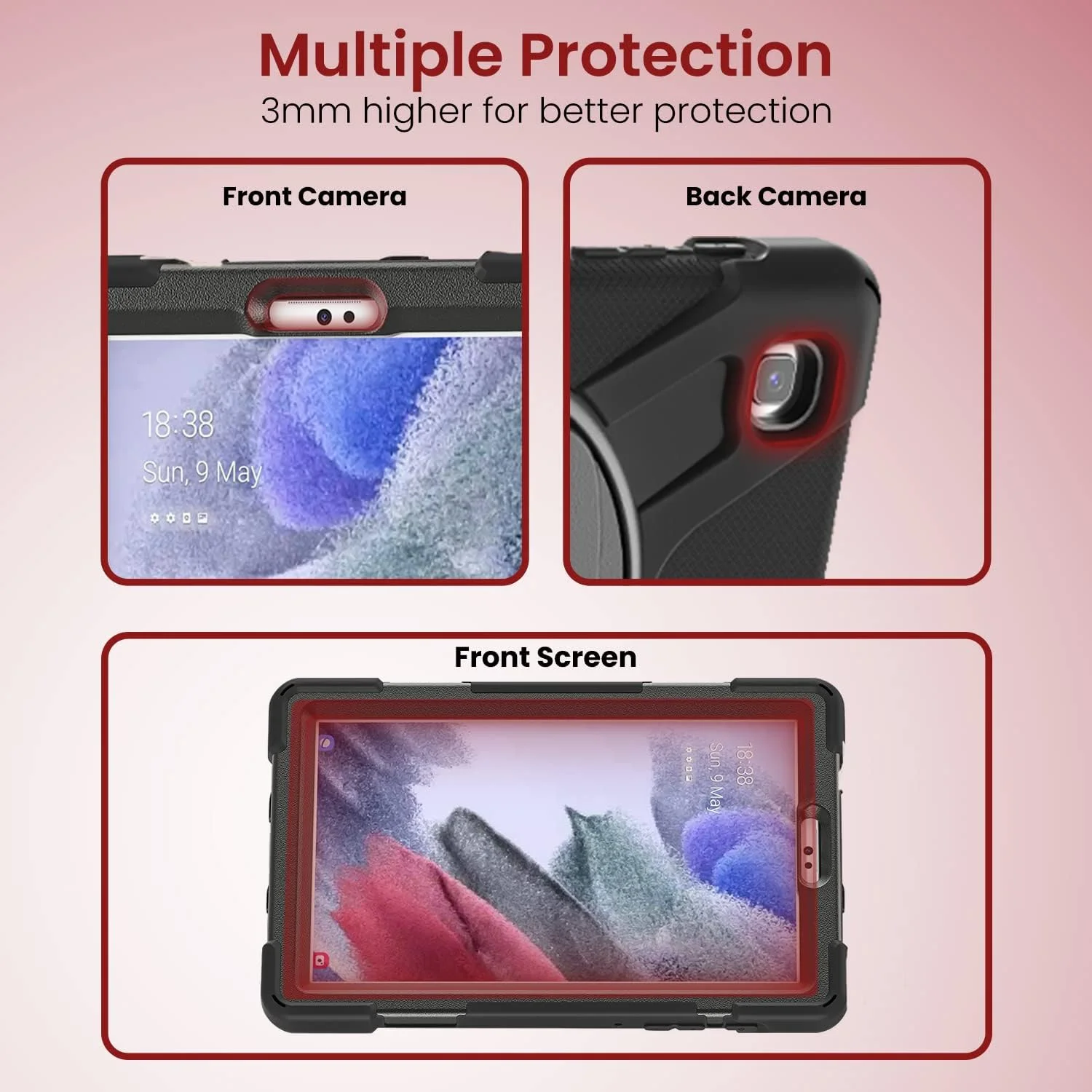 کیف محافظتی مقاوم و رنگارنگ Moxedo با پایه چرخان 360 درجه و بند شانه ای برای کودکان، سازگار با تبلت سامسونگ گلکسی تب A7 Lite 8.7 اینچ T220/T225 (مشکی)