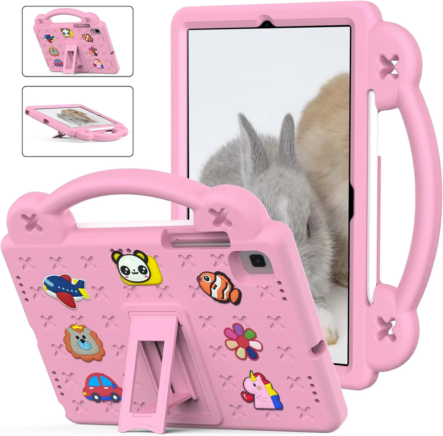 کیف تبلت کودکانه Chstls مناسب برای Samsung Galaxy Tab S6 Lite 10.4 اینچ 2024/2022/2020، کاور سیلیکونی EVA ضد ضربه با دسته و پایه تاشو و عروسک کارتونی جداشدنی - صورتی