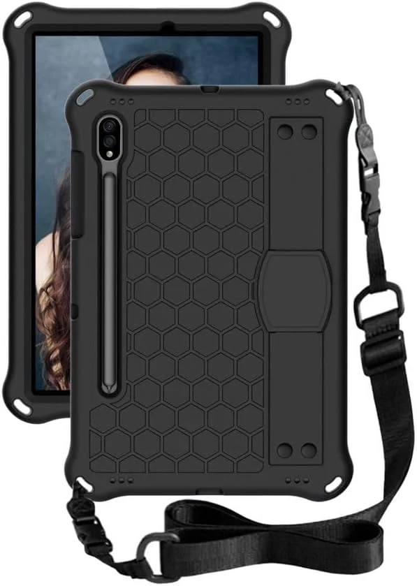قاب محافظ BLCshine برای گلکسی تب S9 FE 10.9 اینچ 2023 / S9 2023 / S8 2022 / S7 2020 11.0 اینچ، روکش محافظ سیلیکونی مقاوم در برابر ضربه با پایه دسته و بند شانه - مشکی + مشکی