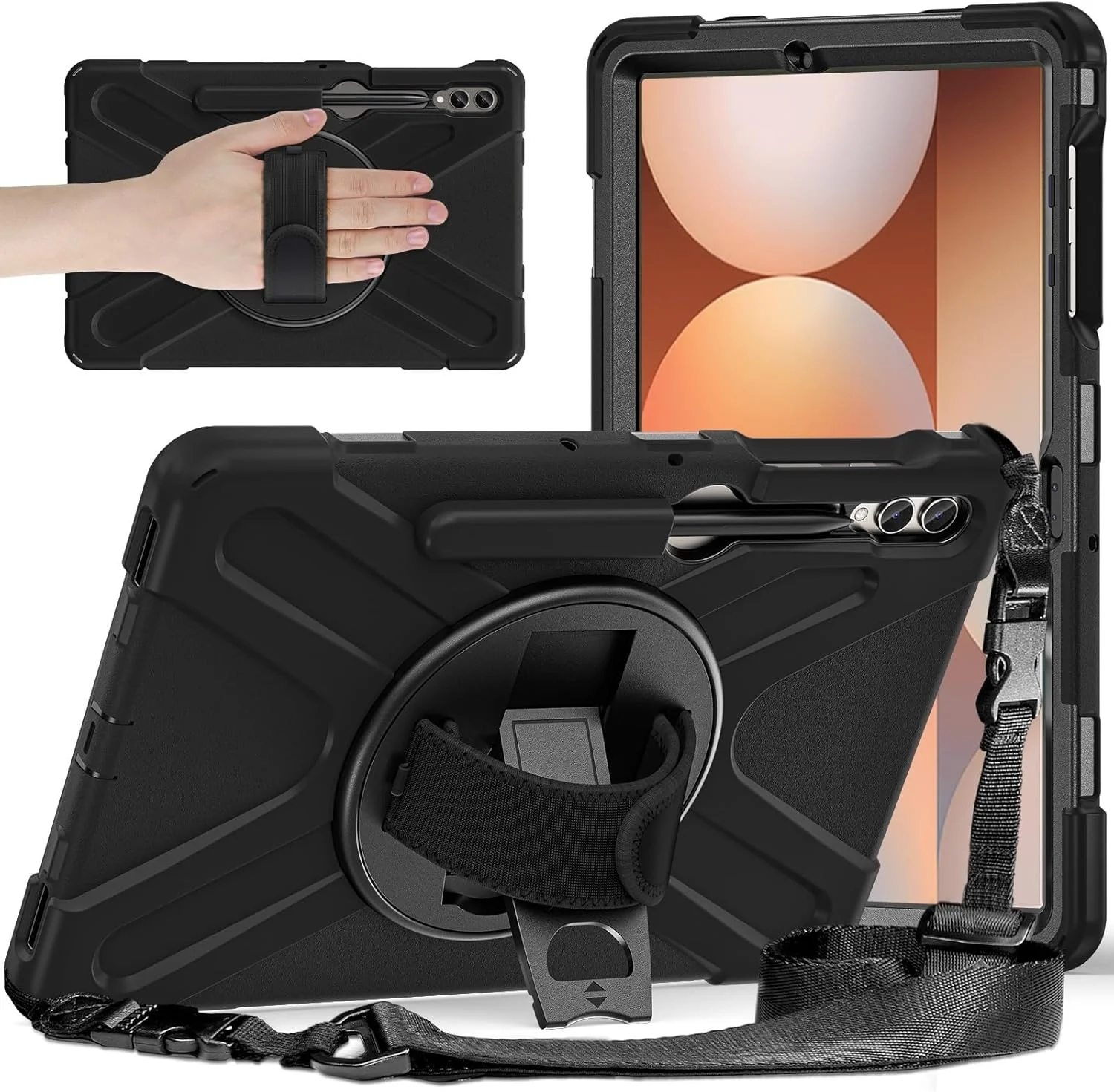 کیف محافظ تبلت سامسونگ گلکسی تب S10 پلاس 12.4 اینچ 2024 مدل SM-X820/X826B/X828U به همراه جای قلم، استند، بند دستی و محافظت سنگین (مشکی)