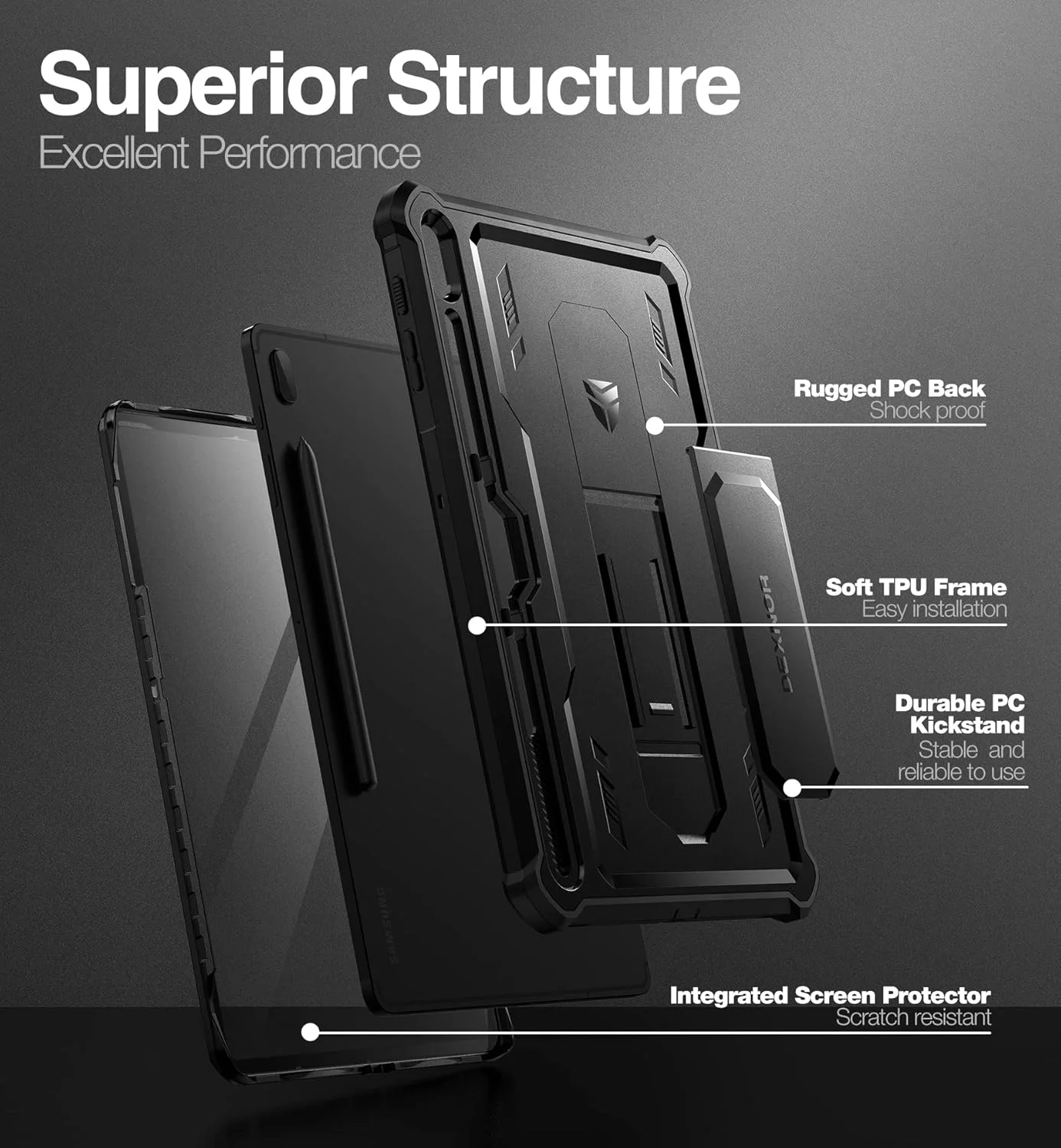 کاور Dexnor برای تبلت سامسونگ گلکسی تب S8+ پلاس (2022) / گلکسی تب S7+ پلاس (2020) 12.4 اینچ، [دارای محافظ صفحه نمایش داخلی و پایه تاشو] با جای قلم، مقاوم در برابر ضربه، پوشش محافظتی کامل بدنه - مشکی