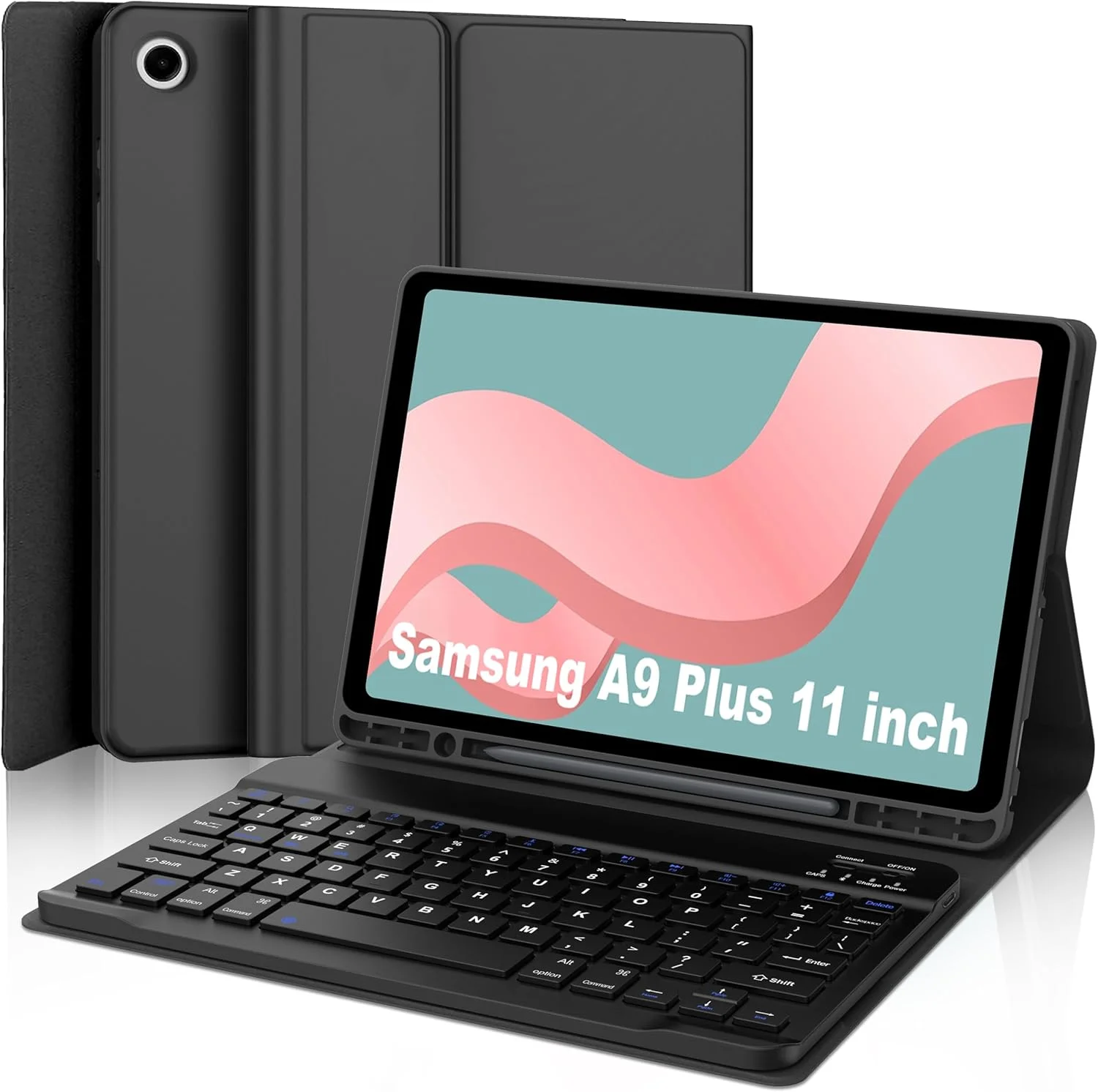کیبورد تبلت SAMSUNG Galaxy Tab A9+ سایز 11 اینچ، کیبورد بلوتوث جداشدنی، کاور هوشمند سازگار با قلم S Pen، دارای جا مدادی، حالت خواب/بیدار خودکار، جلد چرمی مصنوعی برای Tab A9 Plus، مشکی