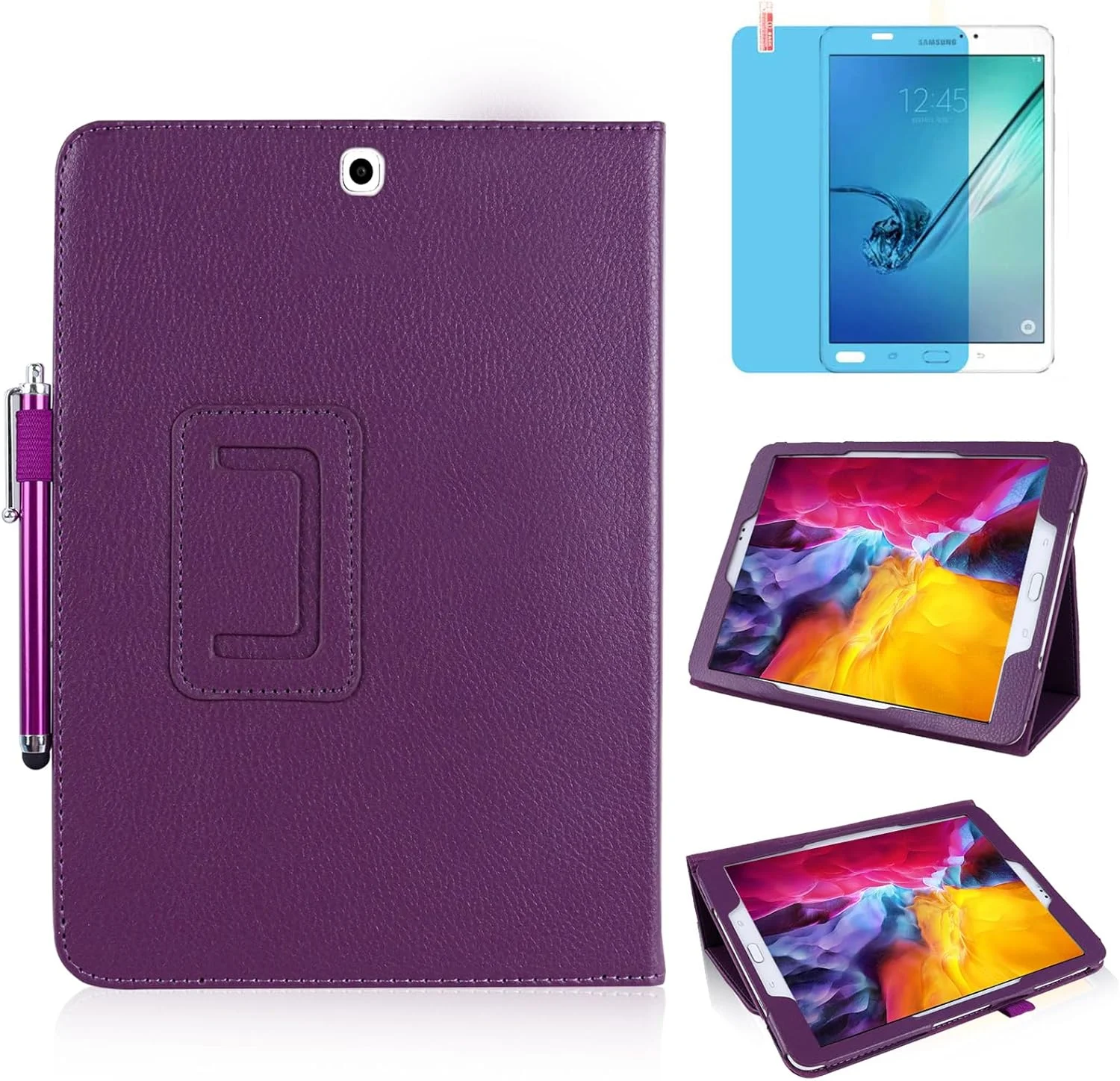 کیف چرمی باریک برای تبلت سامسونگ گلکسی تب A 9.7 اینچ 2015 (SM-T550 T555 P550 P555)، پایه چند زاویه ای، پوشش محافظ کامل تبلت، با قلم استایلوس، محافظ صفحه نمایش (بنفش)