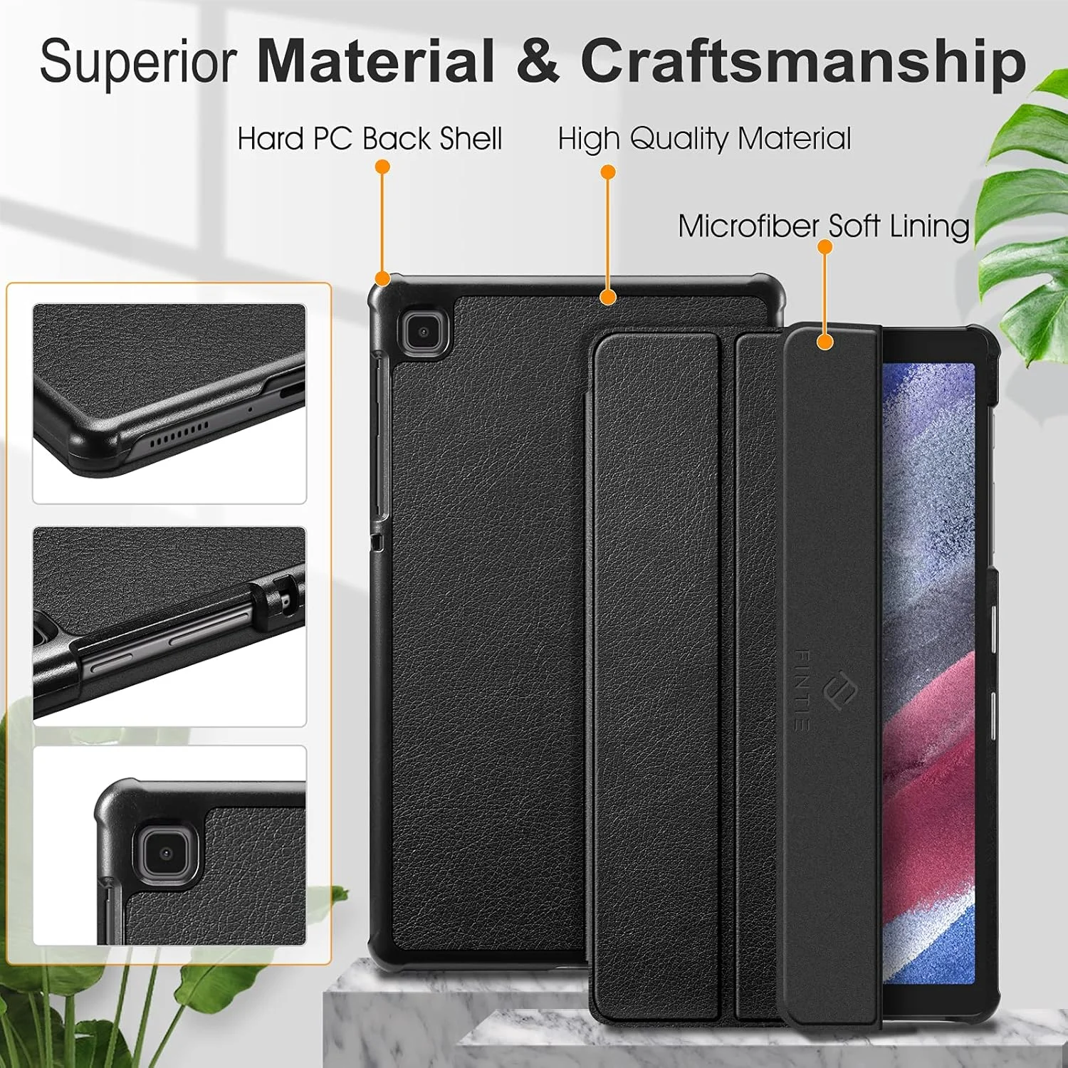 کیف باریک Fintie برای تبلت سامسونگ گلکسی تب A7 Lite 8.7 اینچ مدل 2021 (SM-T220/T225/T227)، کاور سه تایی تاشو با پوسته پشتی سخت و فوق العاده نازک و سبک، مشکی