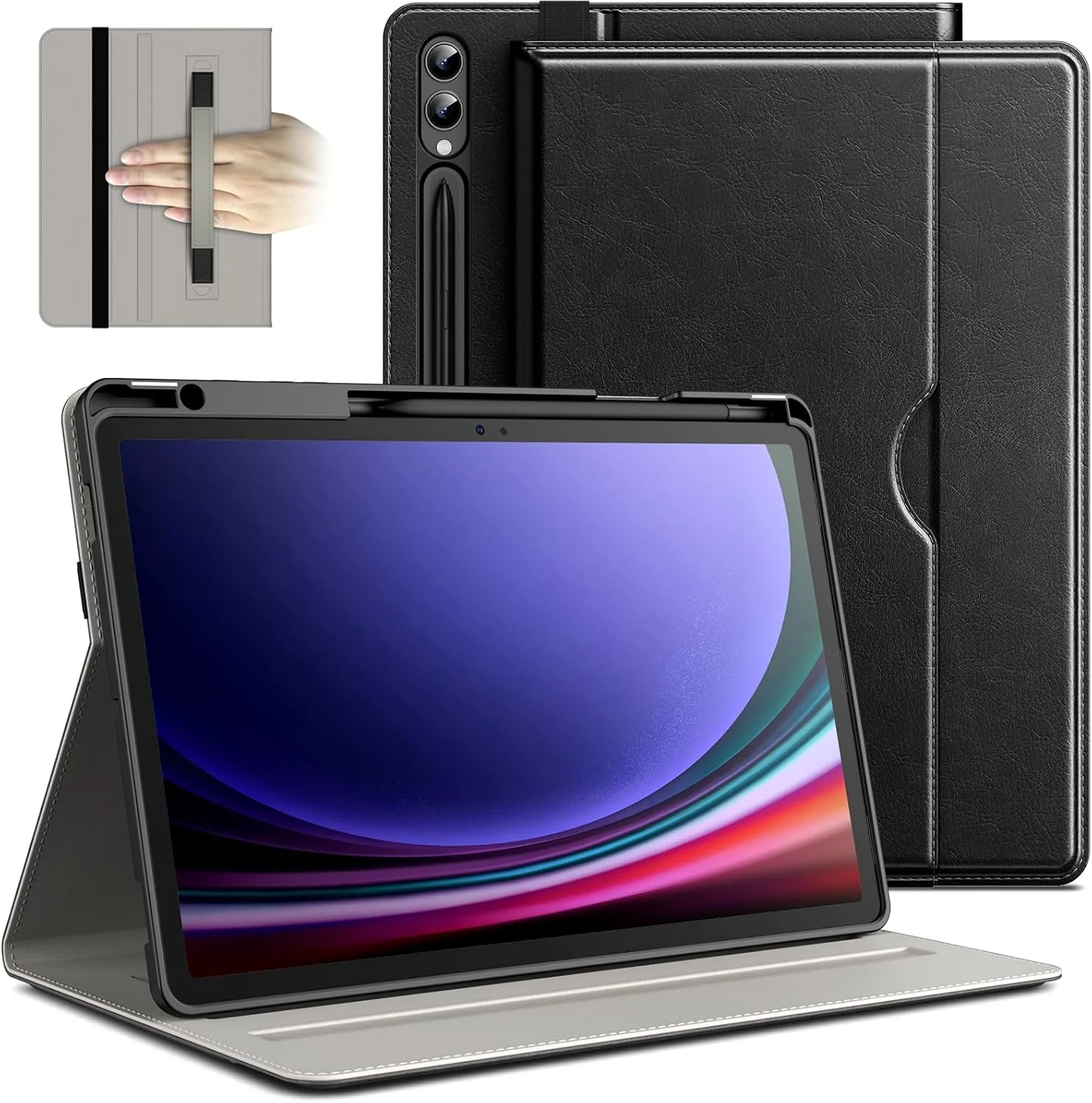 کیف JETech برای تبلت سامسونگ گلکسی تب S10 پلاس/تب S9 پلاس 12.4 اینچی با جای قلم S Pen، جلد محافظ تبلت چرمی PU با پایه و جیب و بند، قابلیت تنظیم زاویه دید (مشکی)