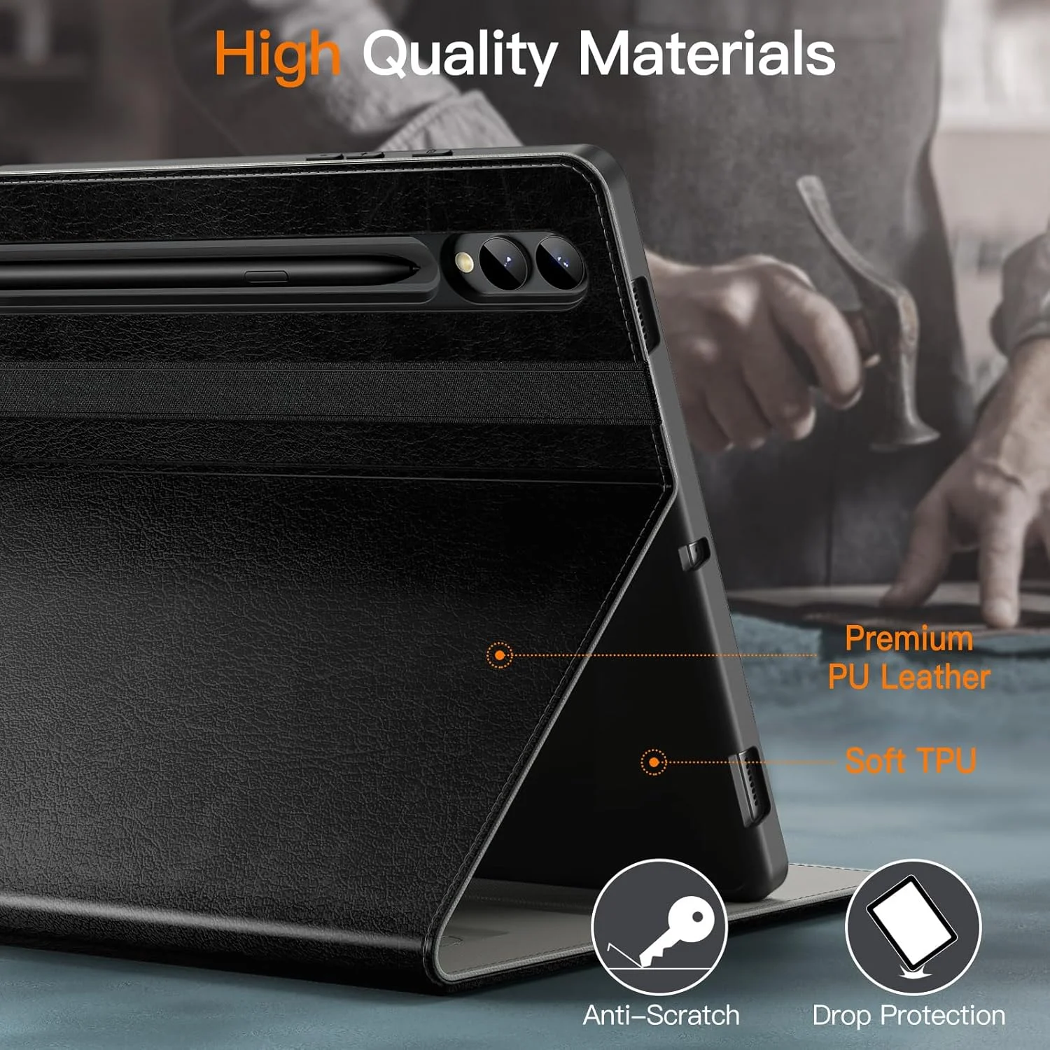 کیف JETech برای تبلت سامسونگ گلکسی تب S10 پلاس/تب S9 پلاس 12.4 اینچی با جای قلم S Pen، جلد محافظ تبلت چرمی PU با پایه و جیب و بند، قابلیت تنظیم زاویه دید (مشکی)