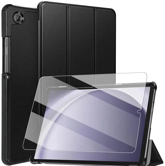 کاور محافظ تبلت سامسونگ گلکسی تب A9 مدل 2023، فوق باریک، سه تایی تاشو، شیشه حرارت دیده، قابلیت بیدار/خواب، مشکی
