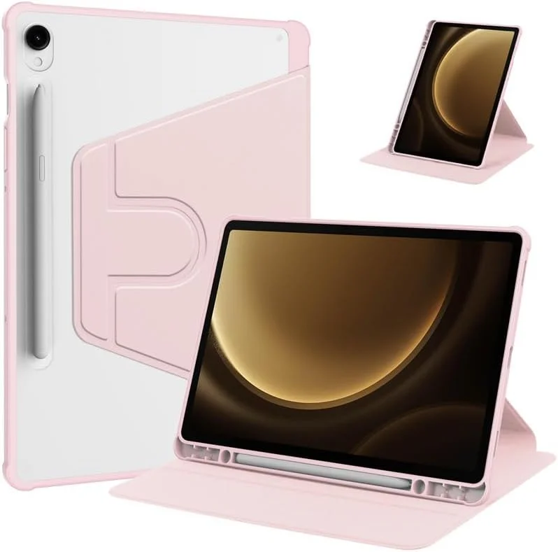 Gruattreay Case for Samsung Galaxy Tab S10 FE 10.9 inch (2025) Tablet Leather Case with Auto Wake/Sleep, 360° Rotation Stand Cover Acrylic Clear Back Cover with Pencil Holder (Pink)