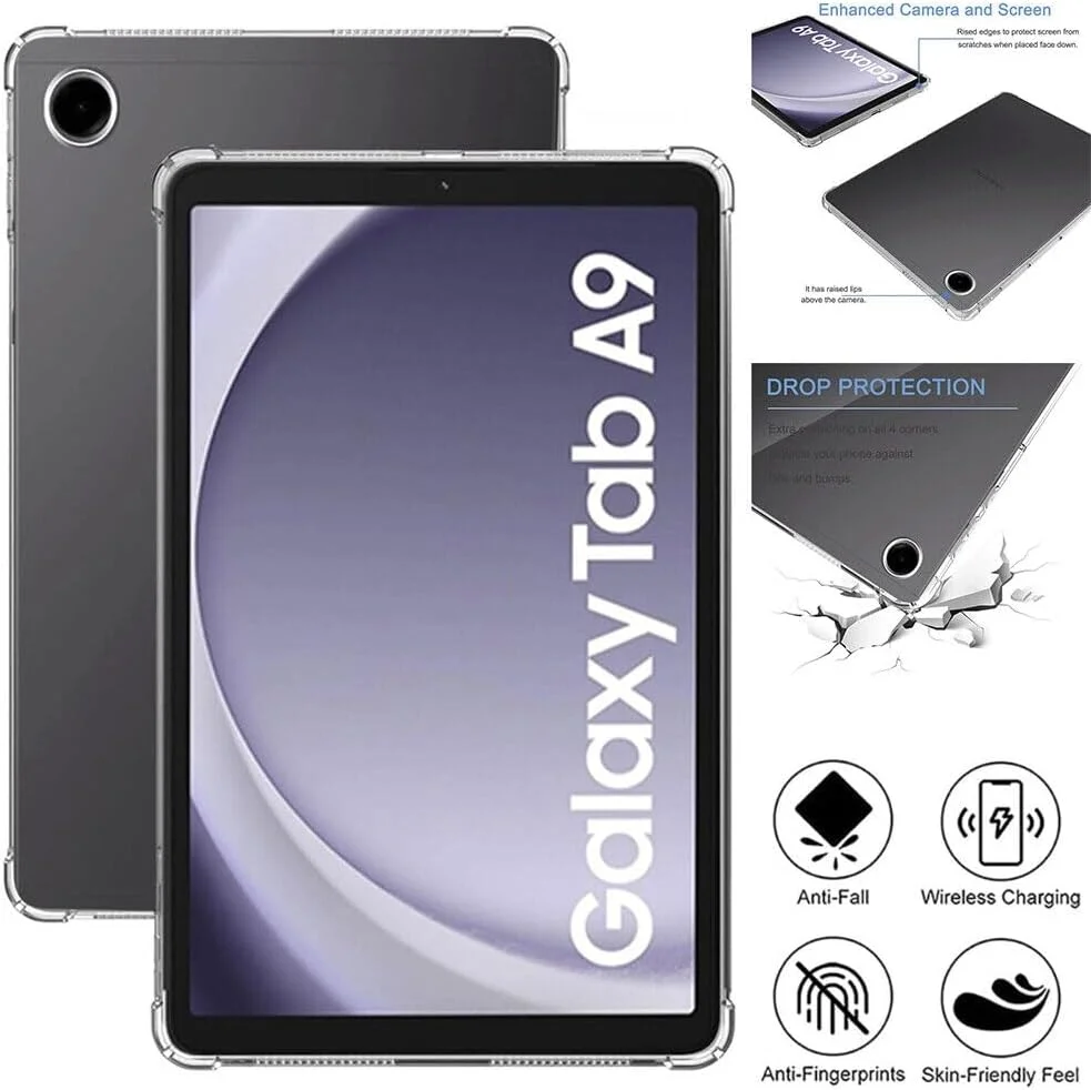 کاور شفاف Muzz برای تبلت سامسونگ گلکسی تب A9 مدل 8.7 اینچی 2023 (SM-X110 / SM-X115)، کاور محافظ تبلت، دارای چهار ایربگ در پشت، کاور شفاف برای سامسونگ گلکسی تب A9 2023
