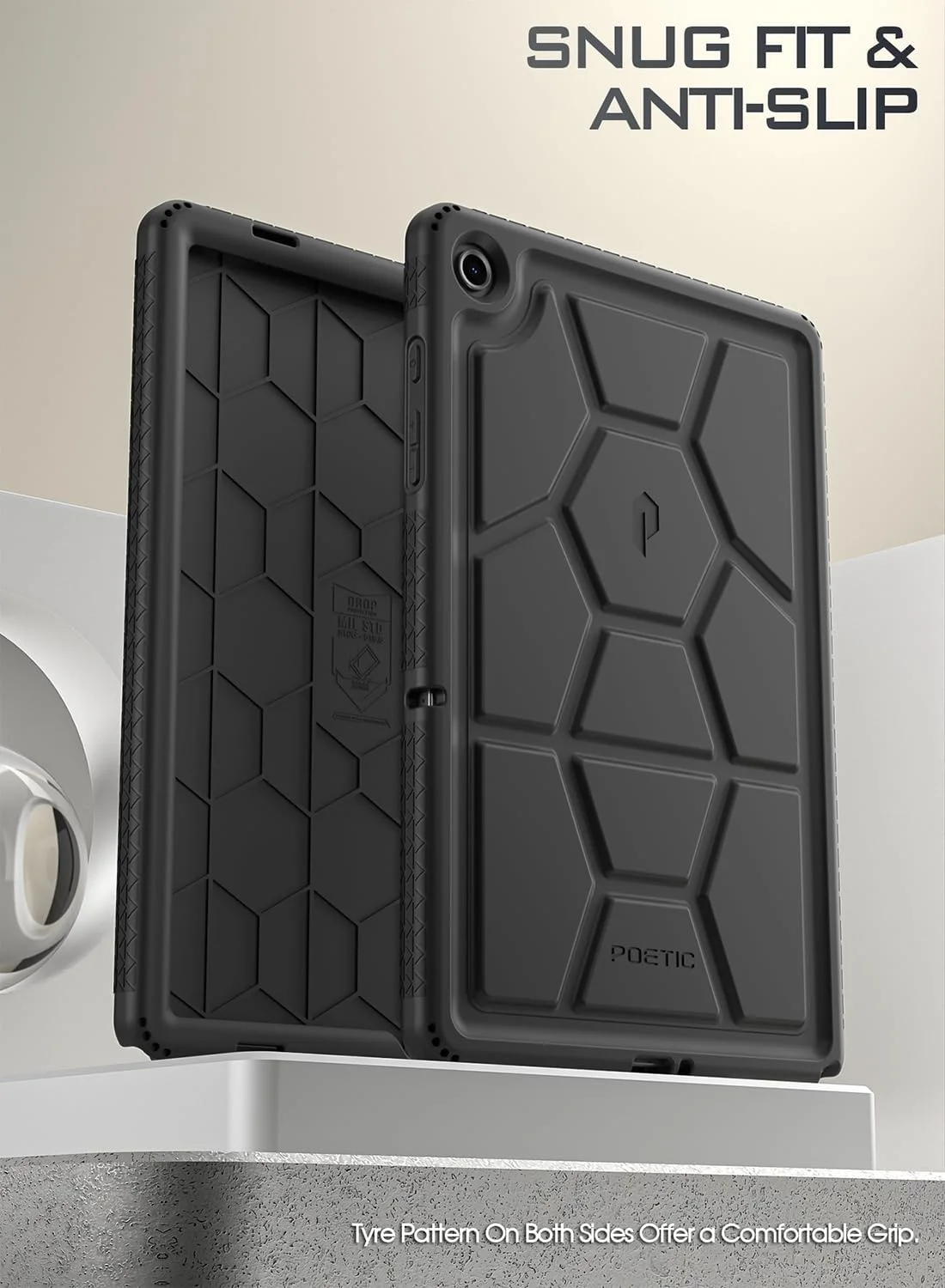 کاور محافظ لاک پشتی Poetic مناسب برای تبلت سامسونگ گلکسی تب A9 پلاس 11 اینچ 2023، کاور سیلیکونی مقاوم در برابر ضربه و مناسب کودکان، رنگ مشکی