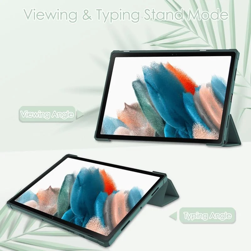 کاور تبلت سامسونگ گلکسی تب A8 10.5 اینچ 2021 مدل SM-X205/SM-X200، پشت شفاف، کاور هوشمند، پایه سه تایی چرمی PU، حالت خواب/بیدار خودکار، کاور محافظ سبک وزن، سبز