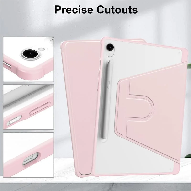 Gruattreay Case for Samsung Galaxy Tab S10 FE 10.9 inch (2025) Tablet Leather Case with Auto Wake/Sleep, 360° Rotation Stand Cover Acrylic Clear Back Cover with Pencil Holder (Pink)