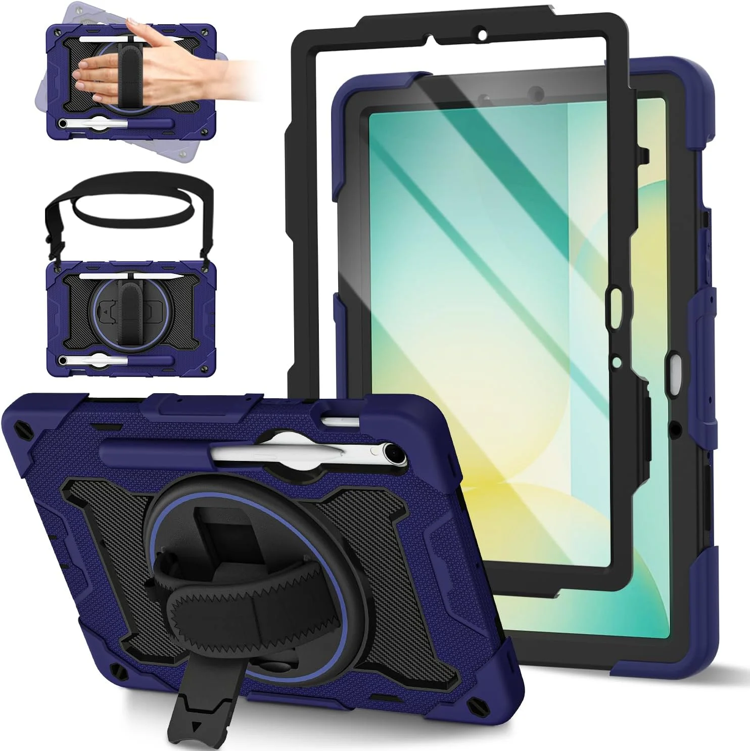 کاور ROSROME برای تبلت سامسونگ گلکسی تب S10 FE / S9 FE 10.9 اینچی / S9 11 اینچی به همراه محافظ صفحه نمایش HD، کاور تبلت ضد ضربه مناسب کودکان، دارای استند چرخان 360 درجه / بند شانه / جای مداد، سرمه ای