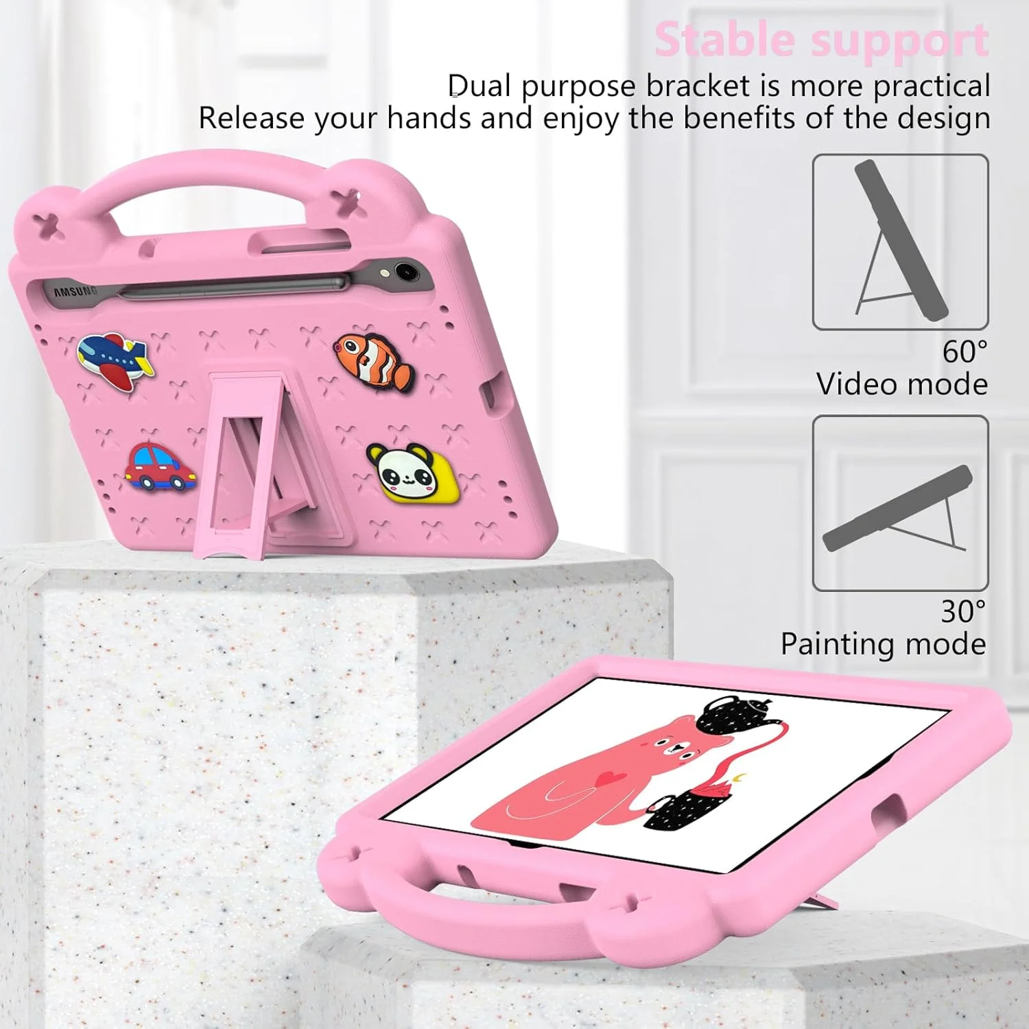 کیف تبلت AKABEILA مناسب برای Samsung Tab S10 FE 2025 10.9 X520 X526B، محافظ بامزه، ضد ضربه کودکانه با بند شانه و دسته و پایه