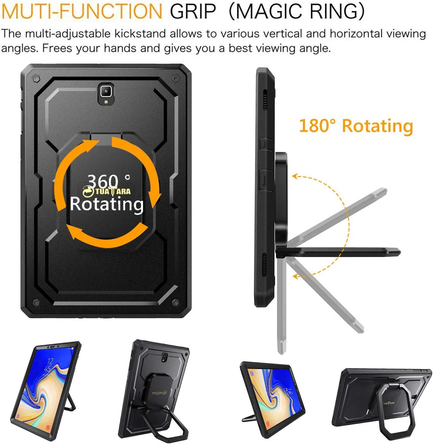 کیف ضد ضربه Fintie برای تبلت سامسونگ گلکسی تب S4 10.5 مدل SM-T830/T835/T837، [حلقه جادویی Tuatara] [چرخش 360 درجه] کاور چند منظوره با استند و محافظ صفحه نمایش داخلی، مشکی