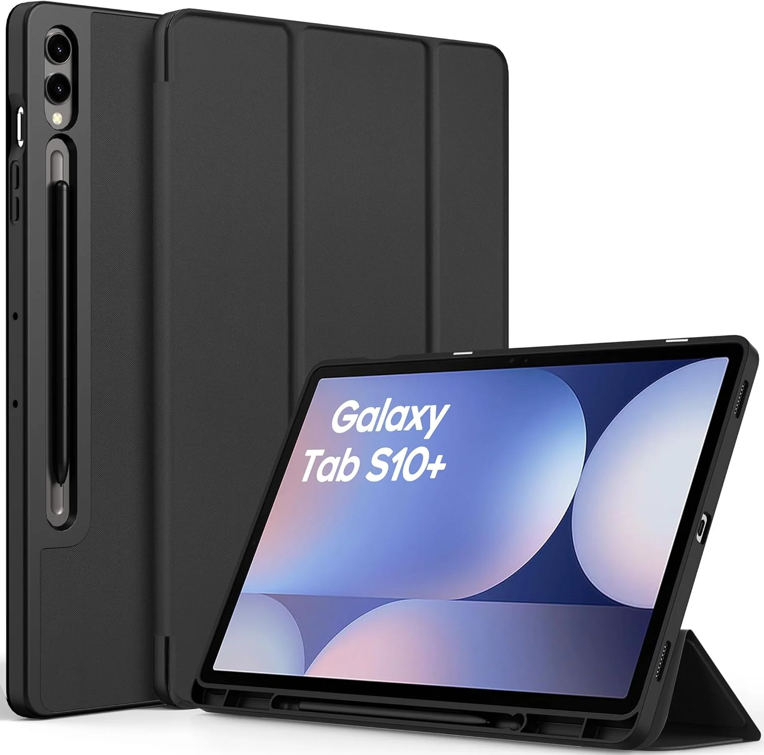 کیف EasyAcc برای Samsung Galaxy Tab S10+، Galaxy Tab S9 FE+ / S9 Plus 12.4 اینچ با نگهدارنده قلم S - فوق العاده نازک با عملکرد استند، کیف محافظ چرمی PU باریک مشکی