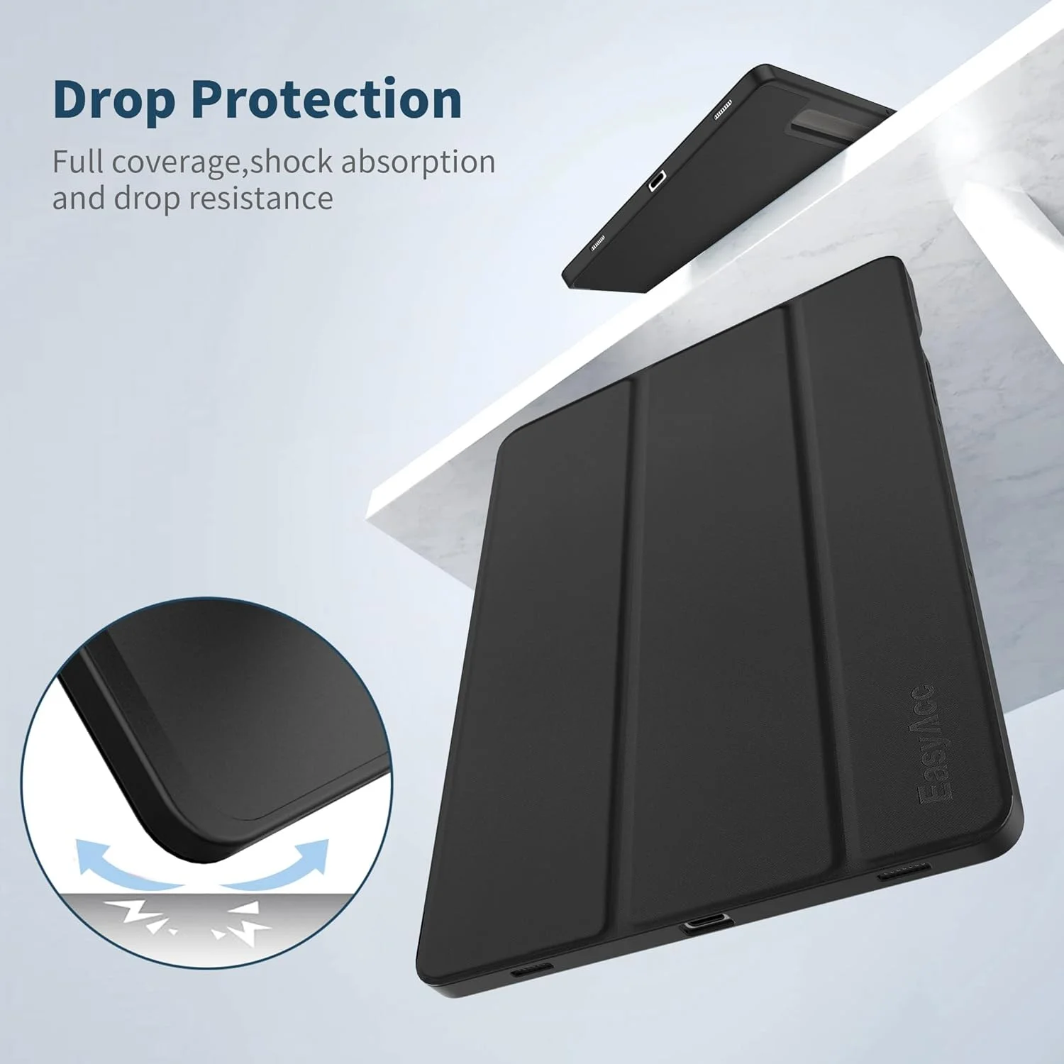 کیف EasyAcc برای Samsung Galaxy Tab S10+، Galaxy Tab S9 FE+ / S9 Plus 12.4 اینچ با نگهدارنده قلم S - فوق العاده نازک با عملکرد استند، کیف محافظ چرمی PU باریک مشکی