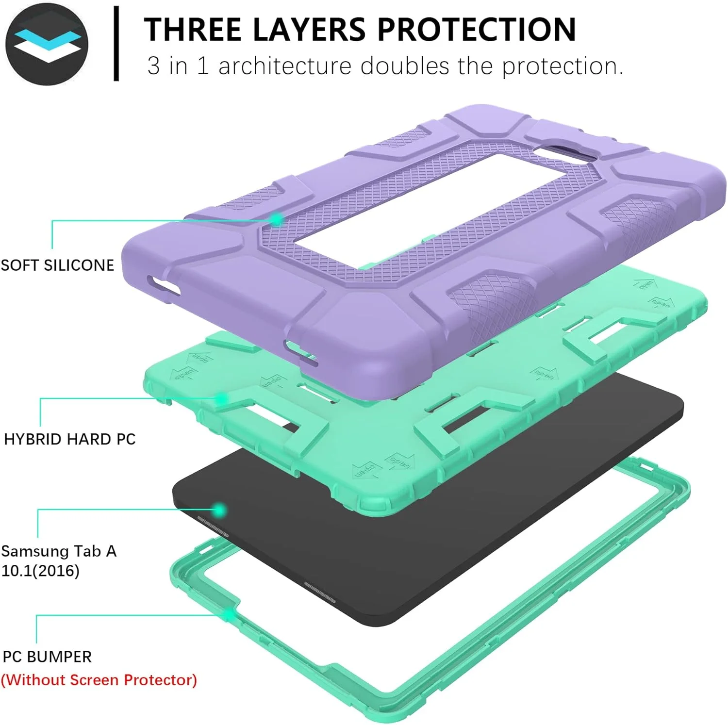 کاور محافظ گوآگوآ سازگار با تبلت سامسونگ گلکسی تب A 10.1 مدل 2016 (SM-T580 T585 T587)، پایه دار، سه لایه، مقاوم در برابر ضربه، ضد خش، مناسب برای گلکسی تب A 10.1 2016، رنگ بنفش/سبز