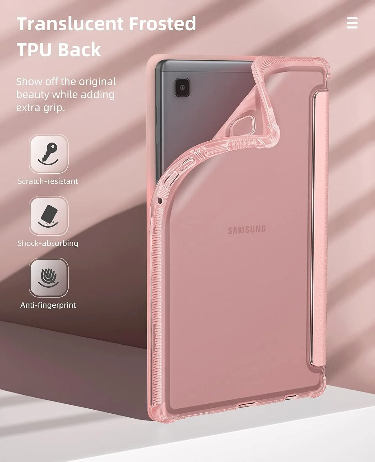 کیف محافظ تبلت سامسونگ گلکسی تب A7 Lite 8.7 اینچ 2021 (SM-T225/T220/T227) موکو، کیف هوشمند باریک و سبک با روکش پشتی TPU نرم و نیمه شفاف و پایه سه تایی - رزگلد