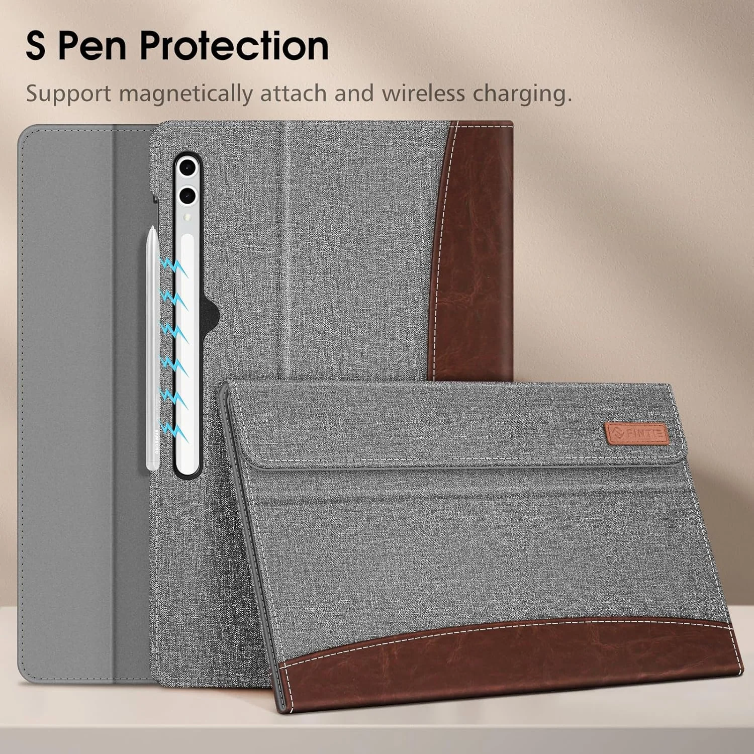 کیف Fintie برای تبلت سامسونگ گلکسی تب S10/S9/S8 سایز 14.6 اینچ، کیف محافظ چند زاویه ای با محفظه اسناد و حالت خواب/بیدار خودکار، خاکستری/قهوه ای
