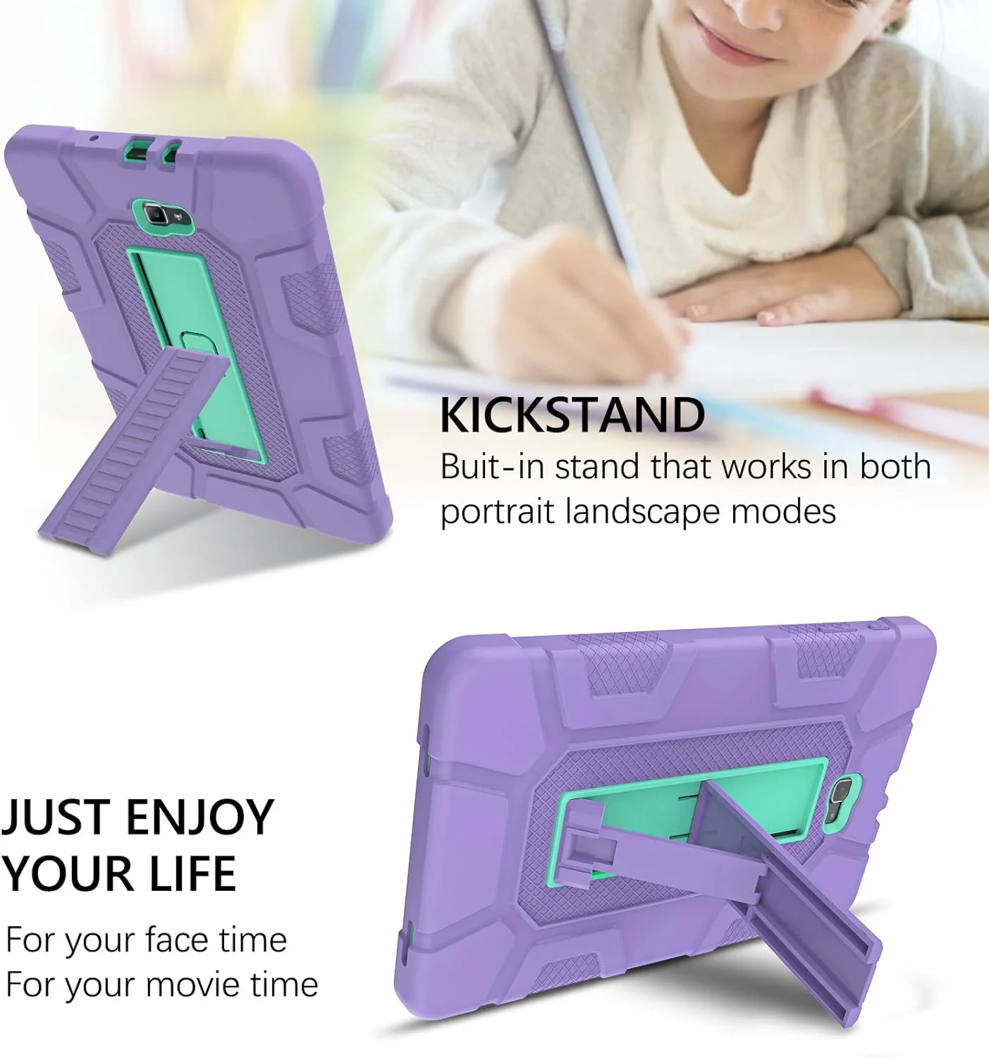 کاور محافظ گوآگوآ سازگار با تبلت سامسونگ گلکسی تب A 10.1 مدل 2016 (SM-T580 T585 T587)، پایه دار، سه لایه، مقاوم در برابر ضربه، ضد خش، مناسب برای گلکسی تب A 10.1 2016، رنگ بنفش/سبز