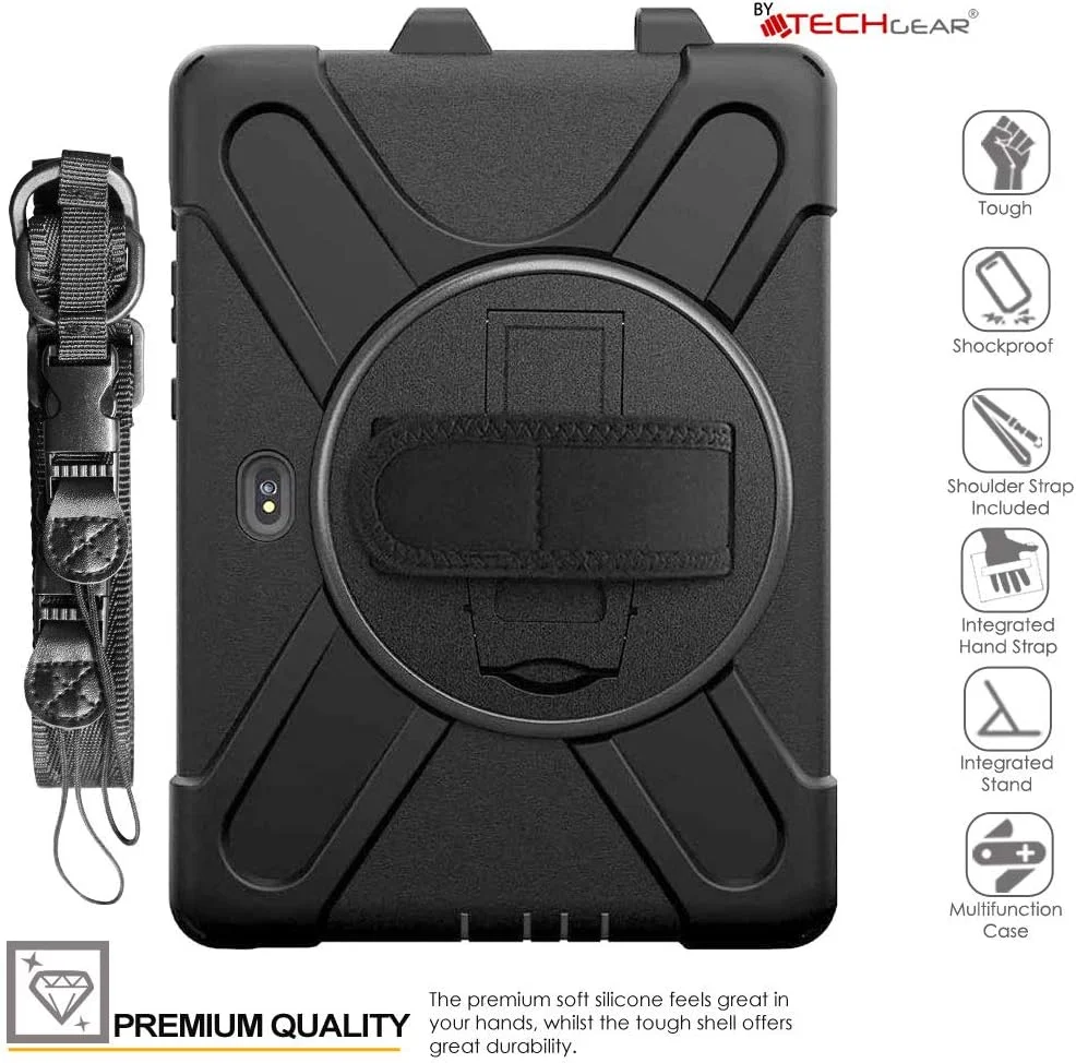 کاور مقاوم TECHGEAR X سازگار با Samsung Galaxy Tab Active Pro 4 2022 و Active Pro 10.1 2019 (SM-T540/T545/T630/T636)، کاور محافظتی ضد ضربه و مقاوم مناسب فضای باز با پایه چرخان 360 درجه و دستگیره