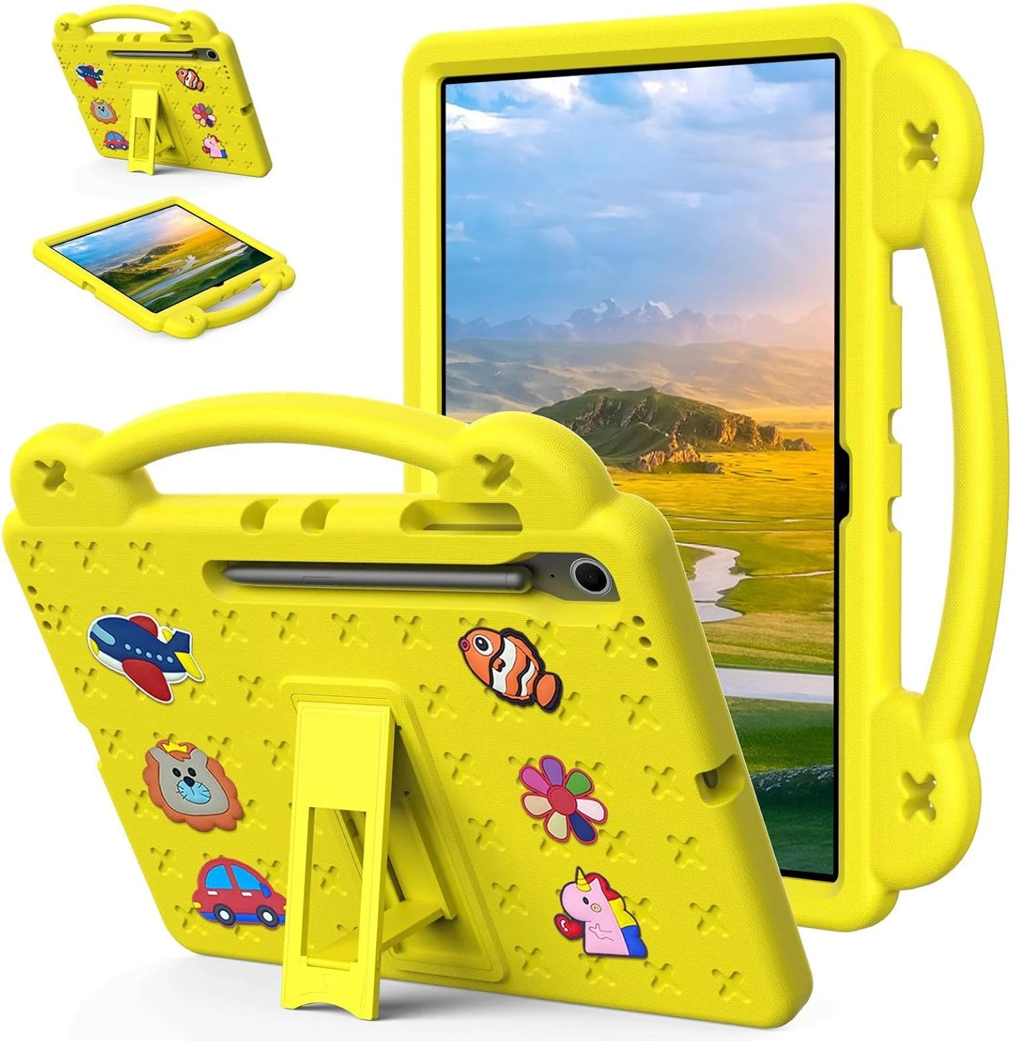 کاور کودکانه Gruattreay سازگار با تبلت سامسونگ گلکسی تب S10 FE Plus سایز ۱۳.۱ اینچ ۲۰۲۵، کاور محافظ سبک وزن EVA، ضد ضربه و مناسب کودکان به همراه پایه نامرئی و دسته (زرد)