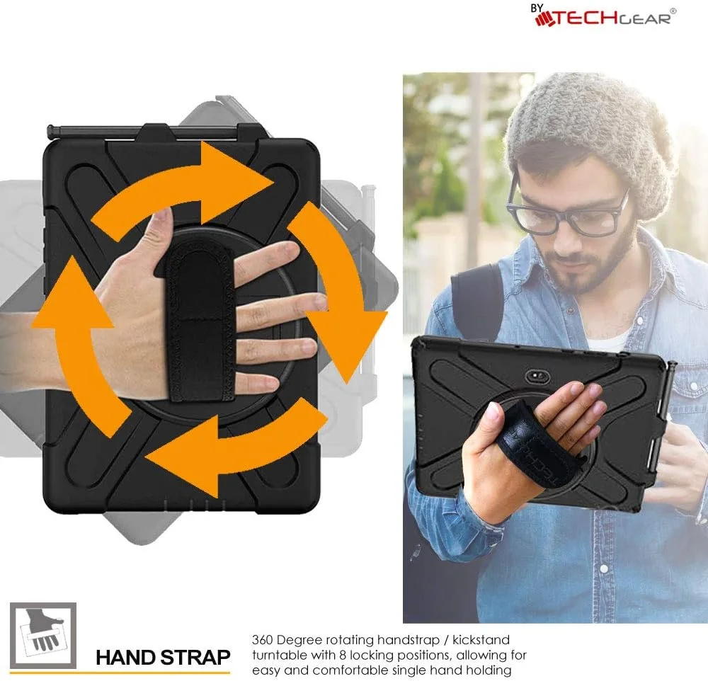 کاور مقاوم TECHGEAR X سازگار با Samsung Galaxy Tab Active Pro 4 2022 و Active Pro 10.1 2019 (SM-T540/T545/T630/T636)، کاور محافظتی ضد ضربه و مقاوم مناسب فضای باز با پایه چرخان 360 درجه و دستگیره