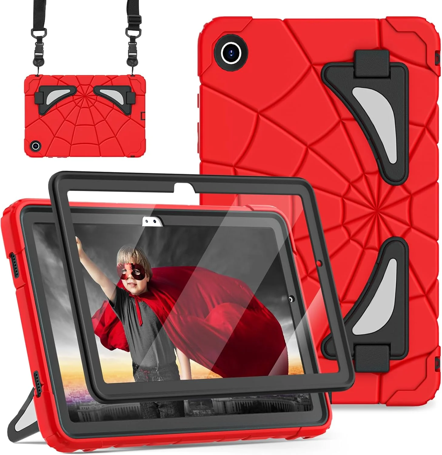 کاور محافظ تبلت سامسونگ گلکسی Tab A9 Plus با سایز 11 اینچ مدل Auizotl به همراه محافظ صفحه نمایش، استند و گوشه‌های ضخیم - مناسب کودکان - مدل 2023 A9+، رنگ قرمز مشکی