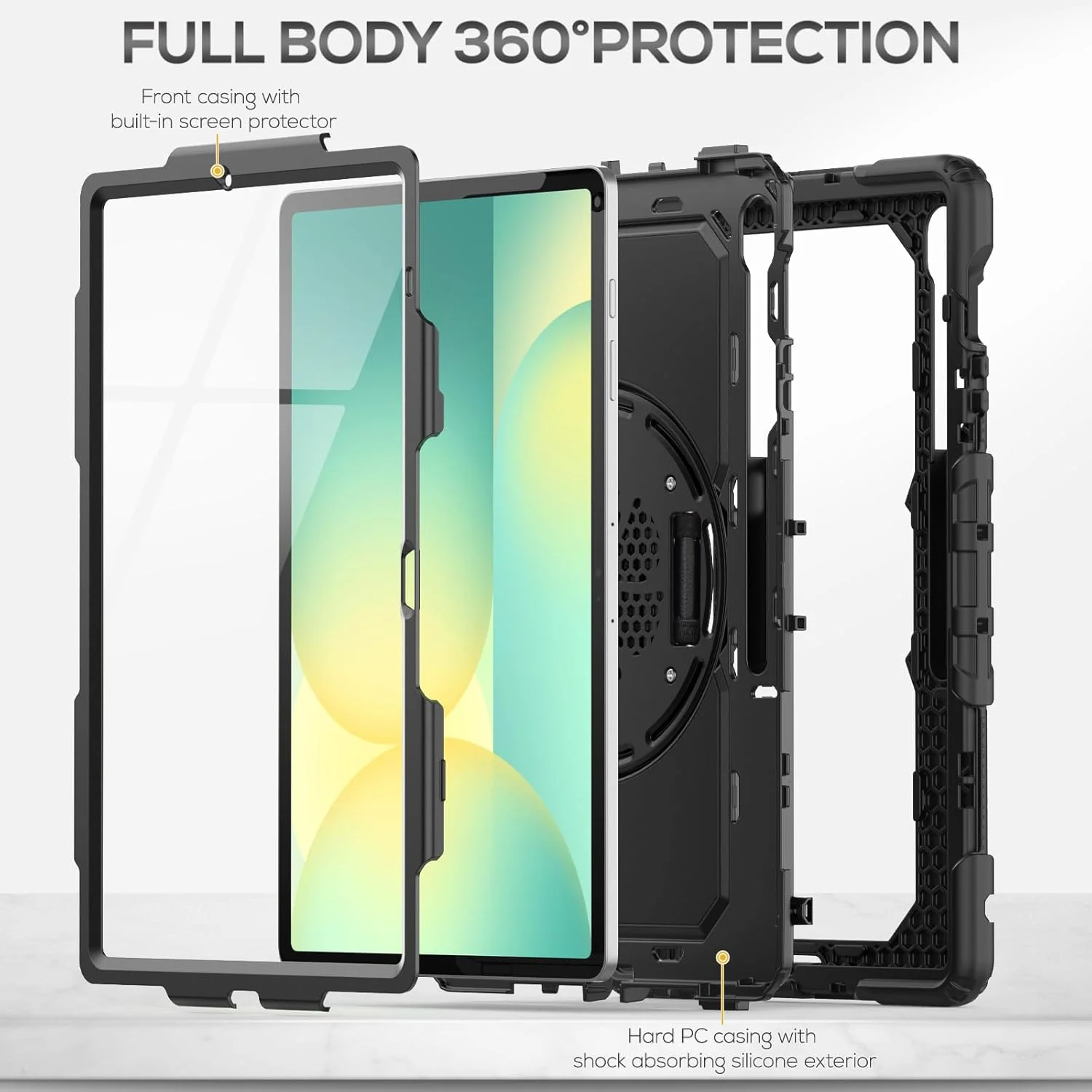 کیف محافظ تبلت سامسونگ گلکسی تب S10 FE+ Plus 13.1 اینچ 2025 مدل SM-X620 X626 X626B، ضد ضربه با جای قلم، محافظ صفحه نمایش، استند چرخان 360 درجه، بند دستی و بند شانه قابل تنظیم، مشکی