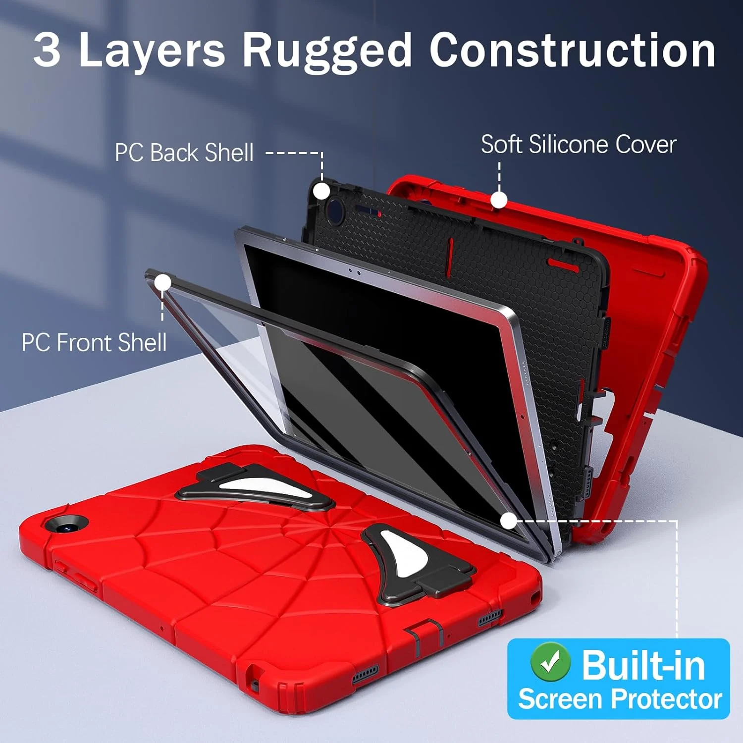 کاور محافظ تبلت سامسونگ گلکسی Tab A9 Plus با سایز 11 اینچ مدل Auizotl به همراه محافظ صفحه نمایش، استند و گوشه‌های ضخیم - مناسب کودکان - مدل 2023 A9+، رنگ قرمز مشکی