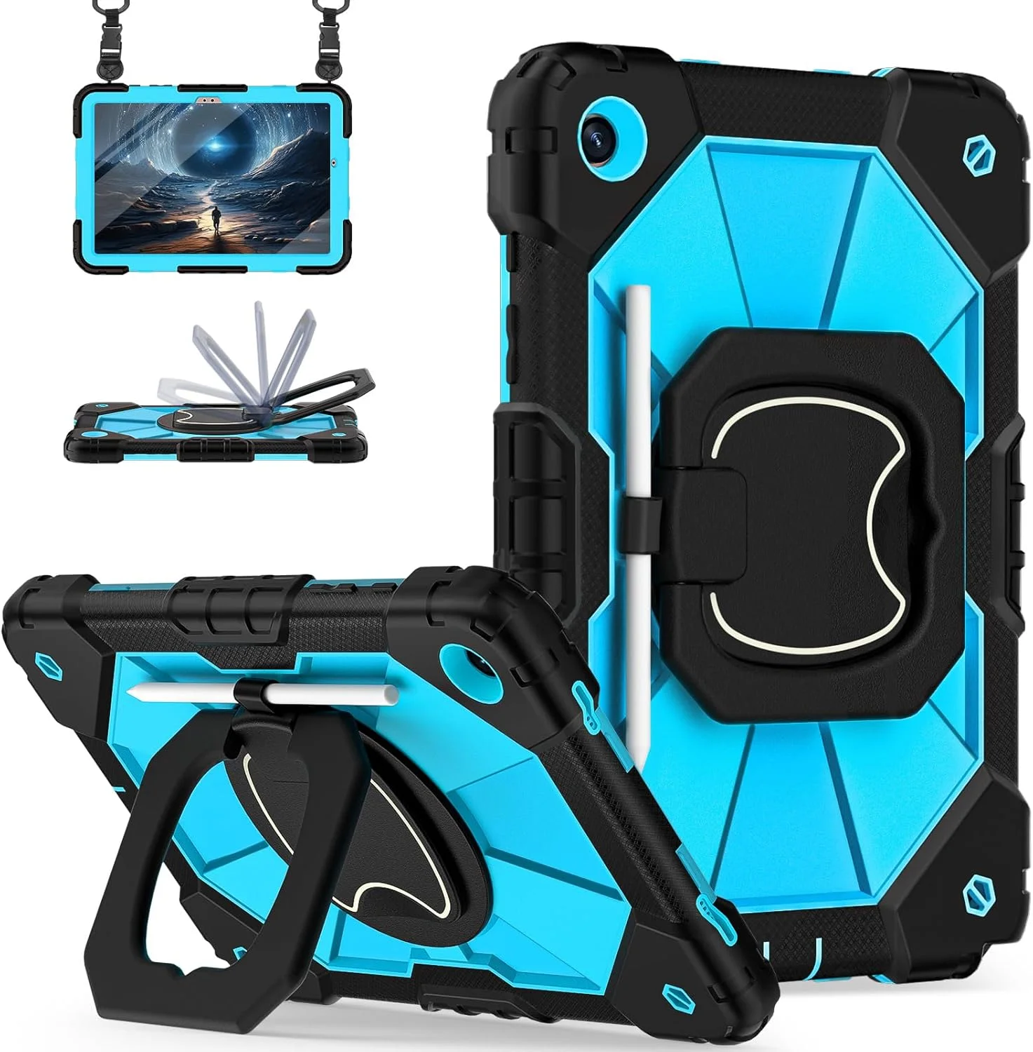 Scnioy Galaxy Tab A9 Plus Case 11 Inch, Rugged Samsung Galaxy A9+ Tablet Case with Screen Protector 360 Rotating Stand Shoulder Strap Pen Holder, 2023 Model(SM-X210/X216/218), Black Blue