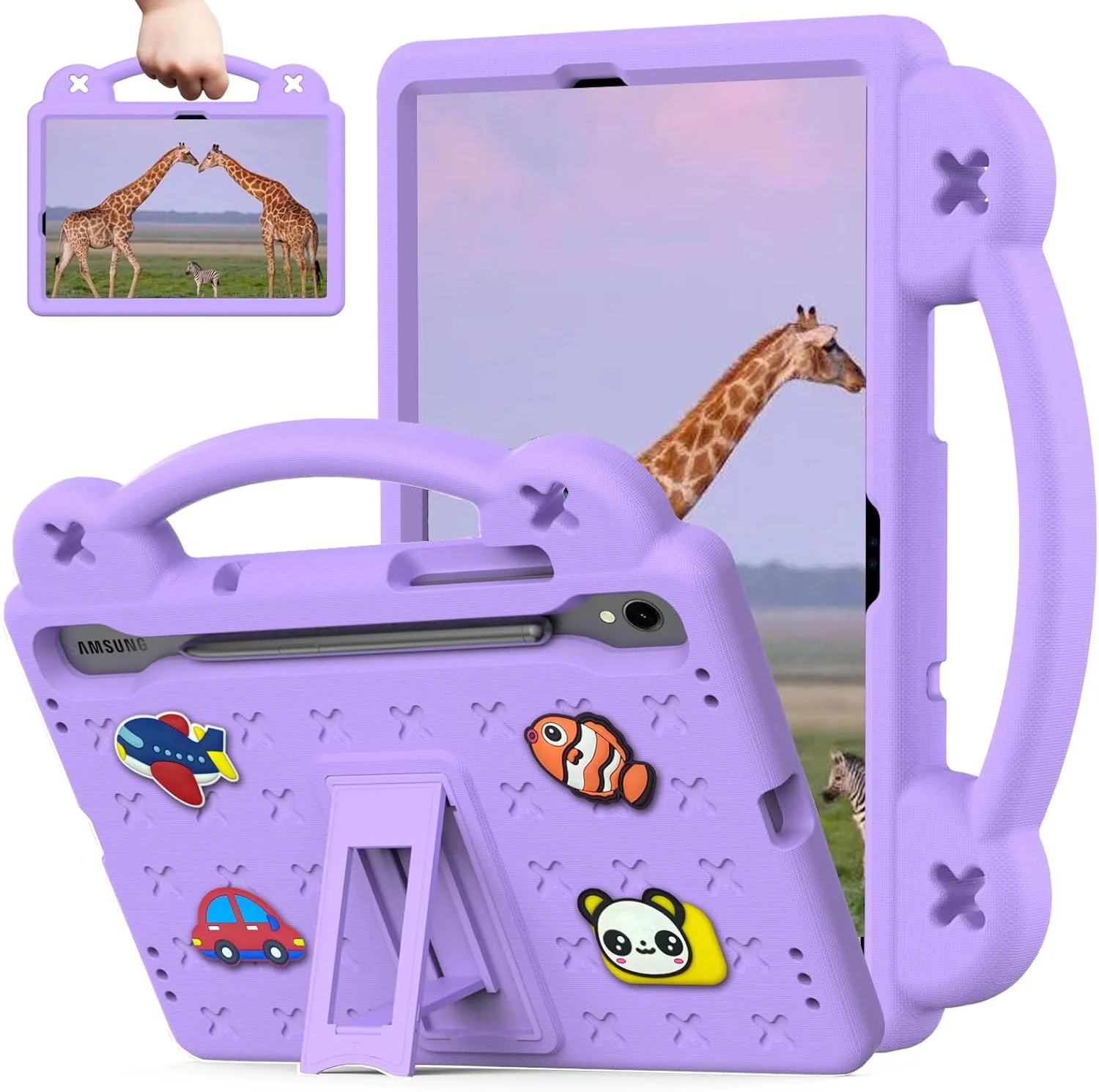Sfulatdc Kids Tablet Case for Samsung tab S9 FE/S8/S7, Built-in Kickstand and Handle Shockproof Cute Cover Compatible with Galaxy S9 11 inch (SM-X710/X716B/X718U) Purple
