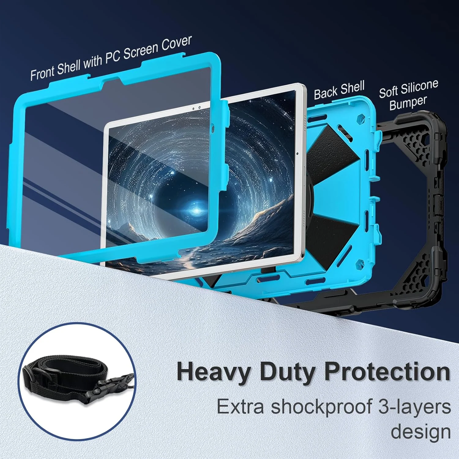 Scnioy Galaxy Tab A9 Plus Case 11 Inch, Rugged Samsung Galaxy A9+ Tablet Case with Screen Protector 360 Rotating Stand Shoulder Strap Pen Holder, 2023 Model(SM-X210/X216/218), Black Blue