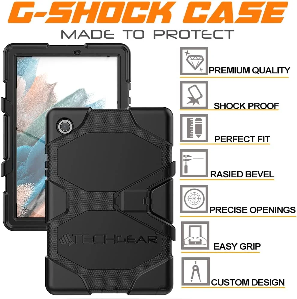 کیف محافظ ضد ضربه TECHGEAR G-Shock سازگار با تبلت سامسونگ گلکسی تب A8 10.5 2021 (SM-X200/SM-X205) با پایه جداشدنی و محافظ صفحه نمایش داخلی - مناسب مدرسه، کودکان، سازندگان - مشکی